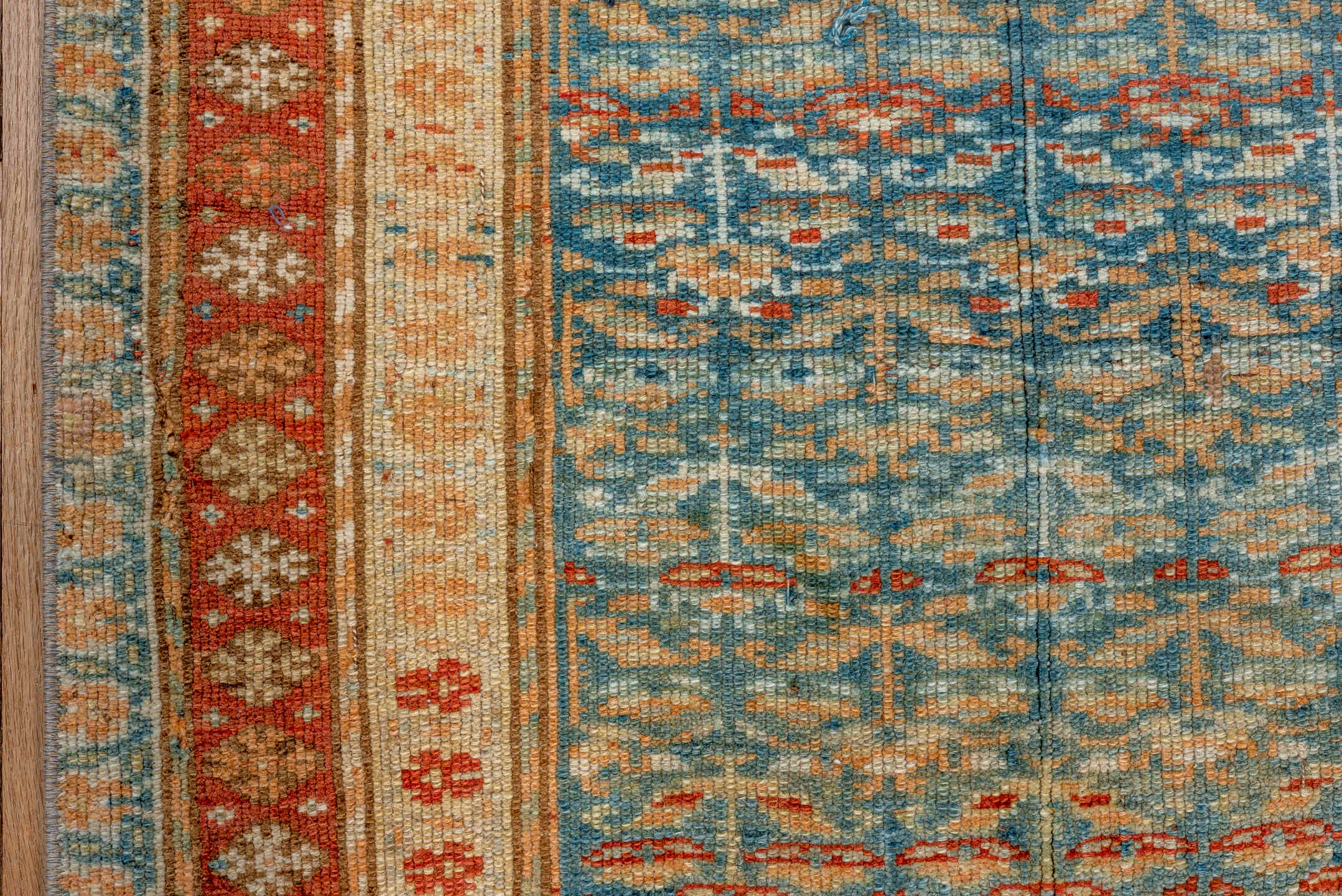 2' x 14' one-of-a-kind handmade vintage Malayer runner rug. Color palette: sky blue, ivory, rust, camel, brown, teal