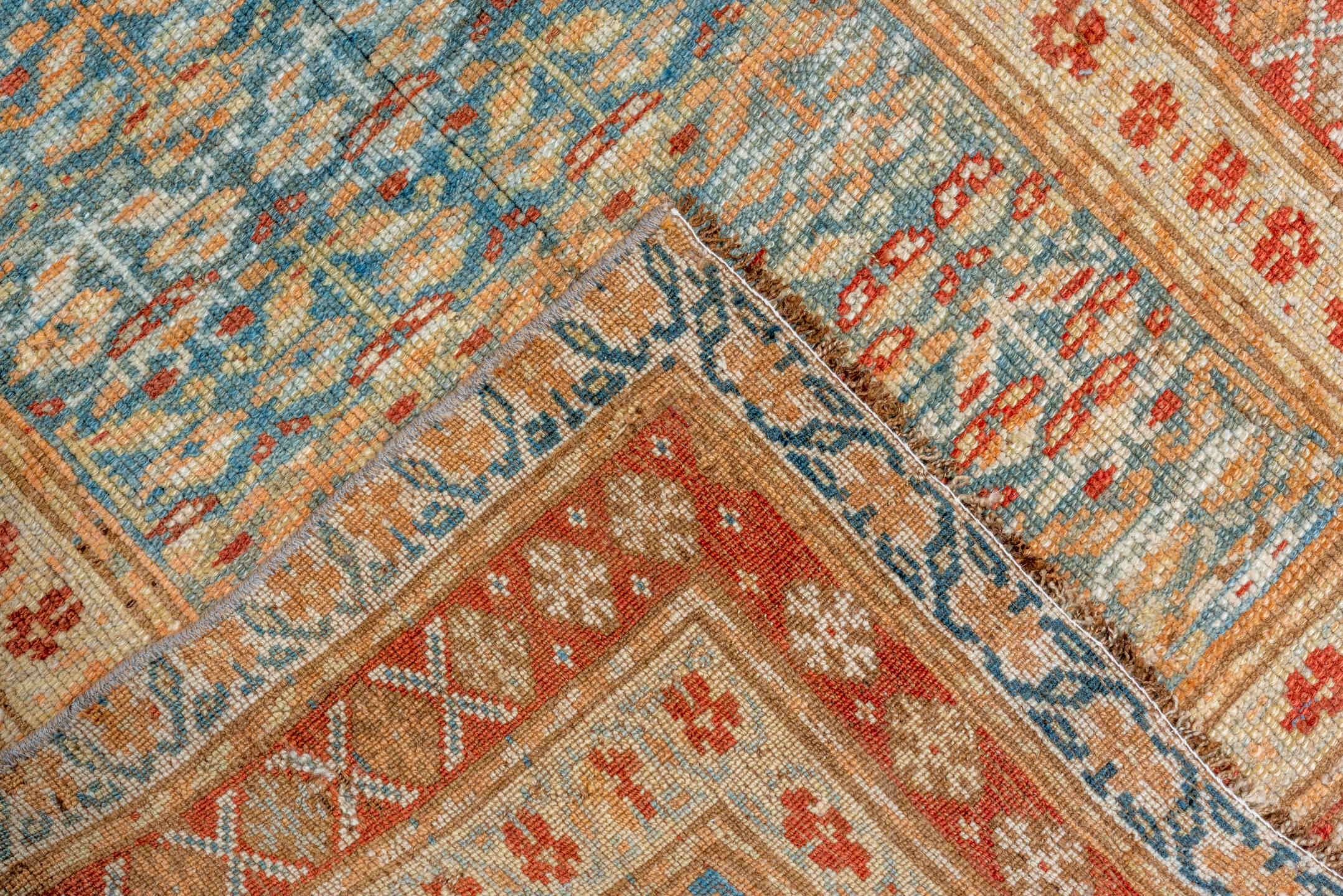 2' x 14' one-of-a-kind handmade vintage Malayer runner rug. Color palette: sky blue, ivory, rust, camel, brown, teal