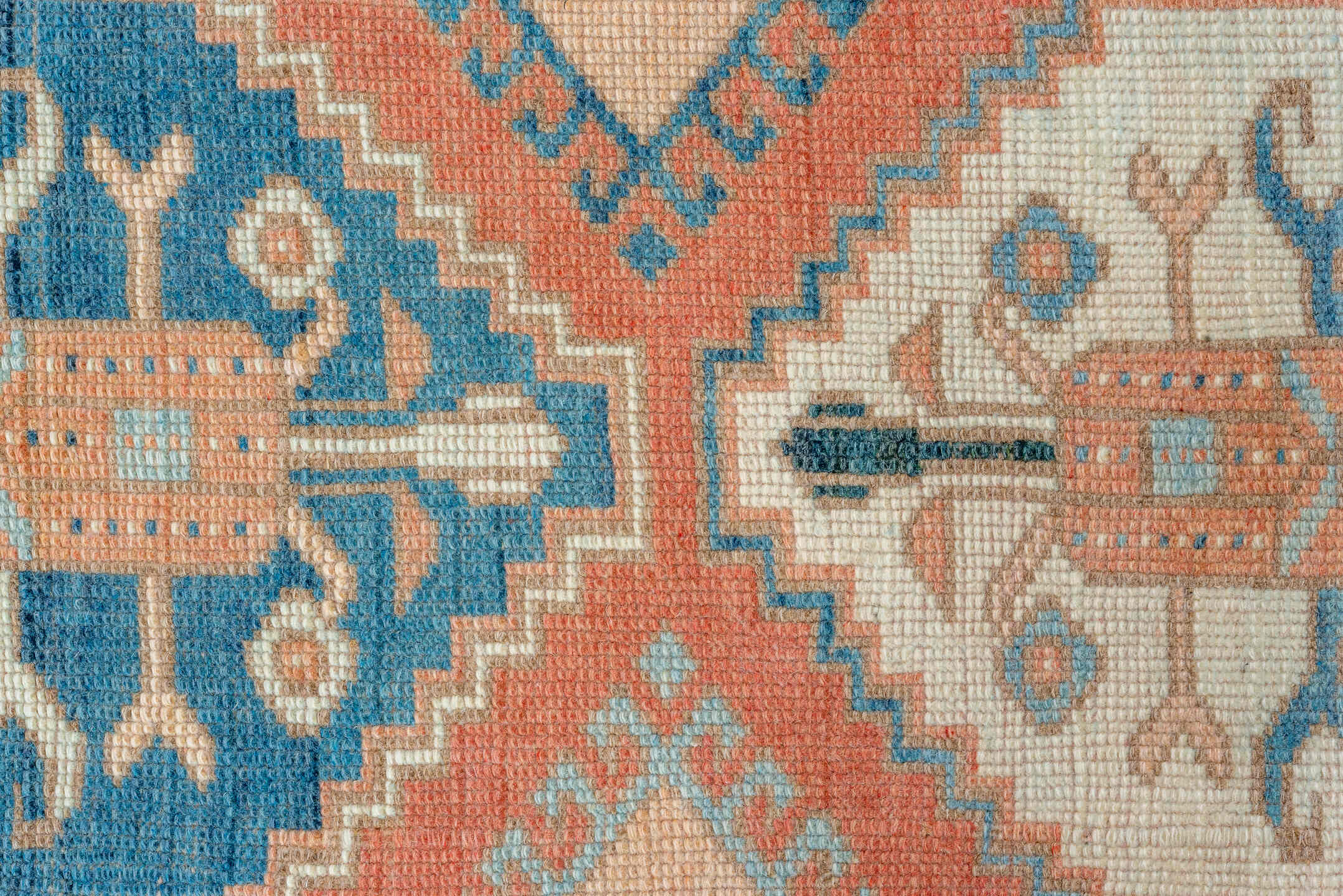 2' x 9' one-of-a-kind handmade vintage Oushak runner rug. Color palette: coral, ivory, sky_blue, beige, taupe, slate, camel