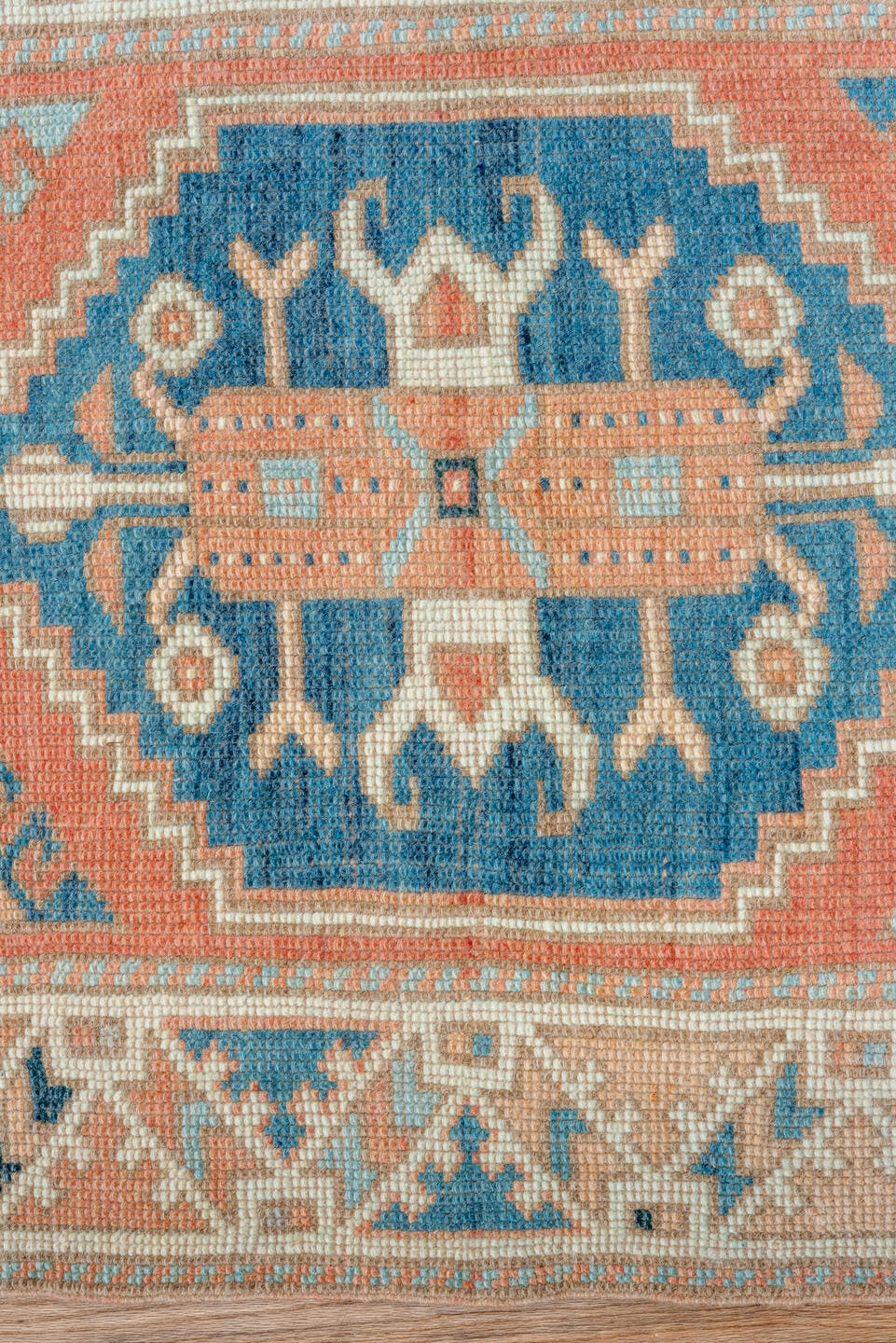 2' x 9' one-of-a-kind handmade vintage Oushak runner rug. Color palette: coral, ivory, sky_blue, beige, taupe, slate, camel