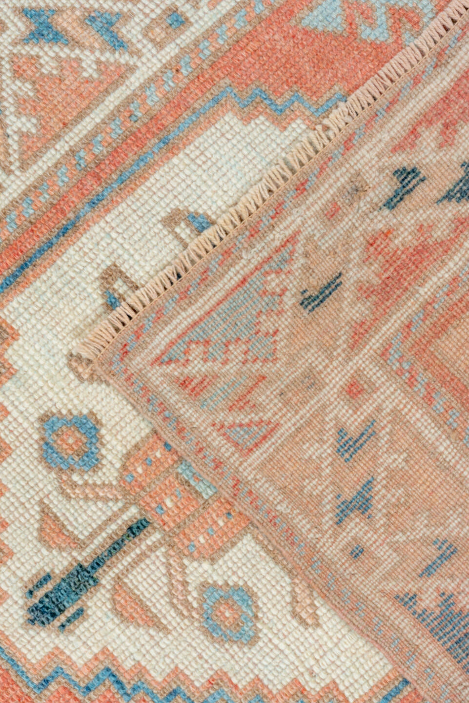 2' x 9' one-of-a-kind handmade vintage Oushak runner rug. Color palette: coral, ivory, sky_blue, beige, taupe, slate, camel