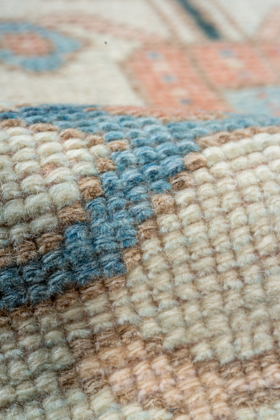 2' x 9' one-of-a-kind handmade vintage Oushak runner rug. Color palette: coral, ivory, sky_blue, beige, taupe, slate, camel