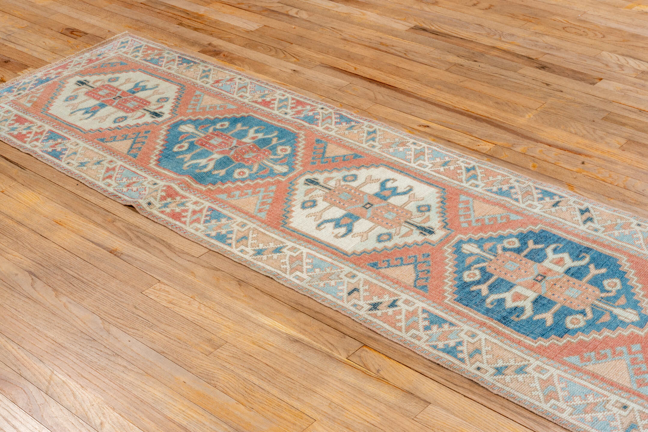 2' x 9' one-of-a-kind handmade vintage Oushak runner rug. Color palette: coral, ivory, sky_blue, beige, taupe, slate, camel