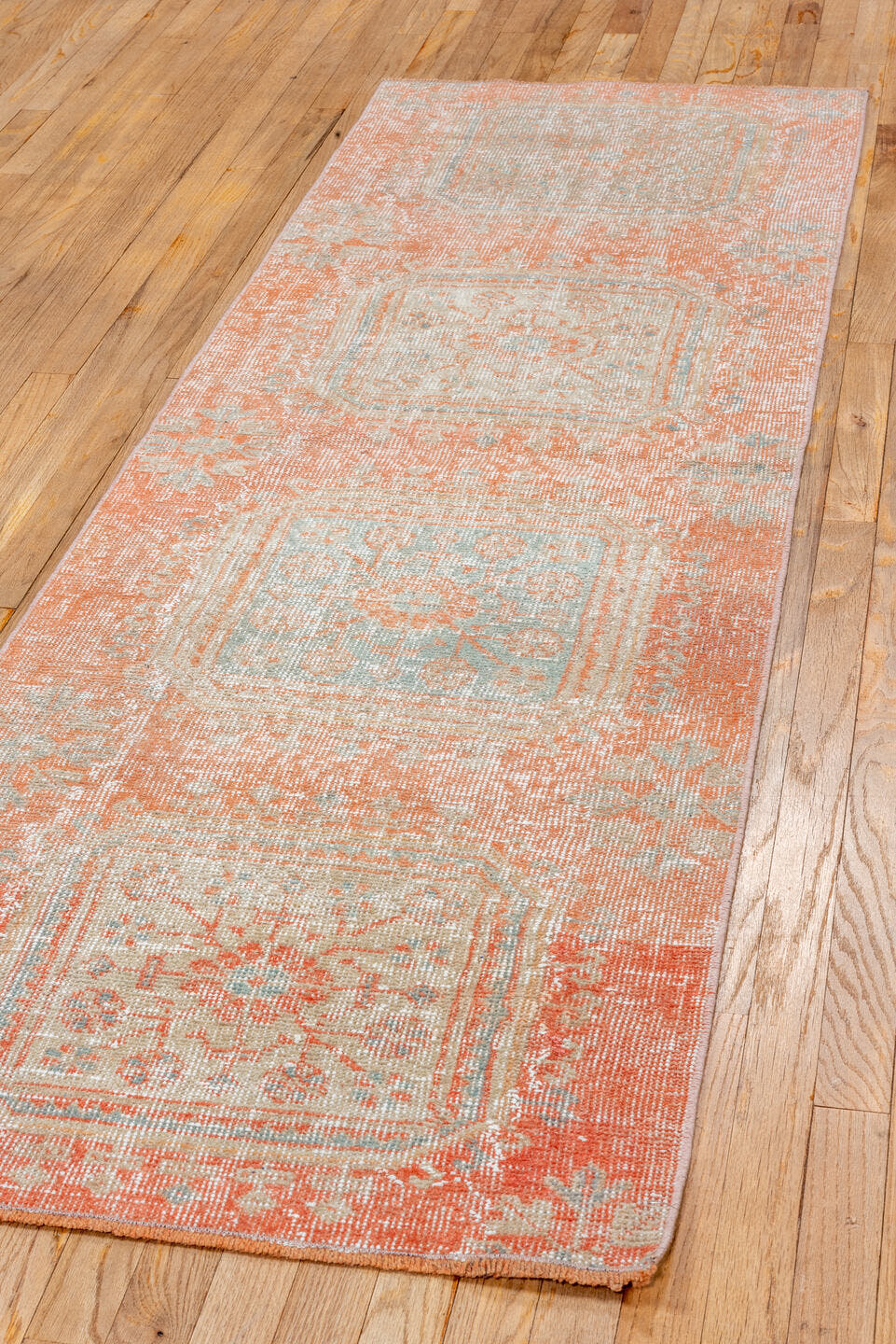 2' x 7' one-of-a-kind handmade vintage Oushak runner rug. Color palette: coral, ivory, pale aqua, peach, beige, sage