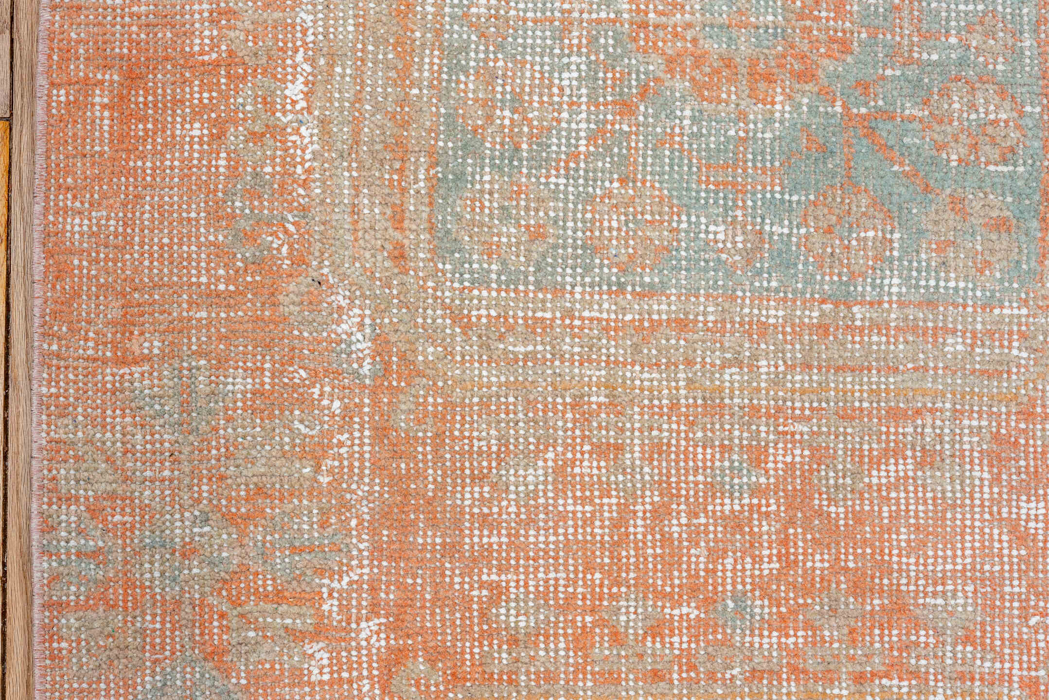 2' x 7' one-of-a-kind handmade vintage Oushak runner rug. Color palette: coral, ivory, pale aqua, peach, beige, sage