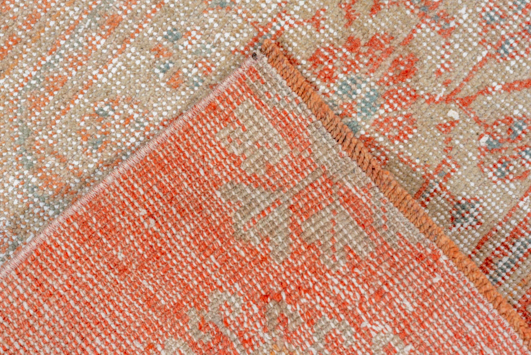 2' x 7' one-of-a-kind handmade vintage Oushak runner rug. Color palette: coral, ivory, pale aqua, peach, beige, sage