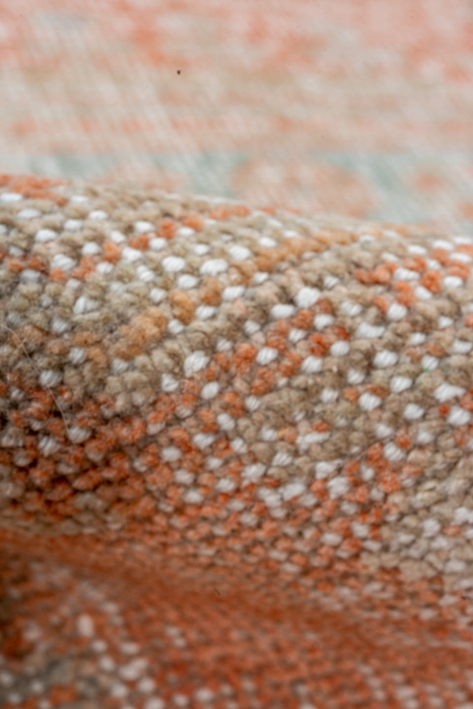 2' x 7' one-of-a-kind handmade vintage Oushak runner rug. Color palette: coral, ivory, pale aqua, peach, beige, sage