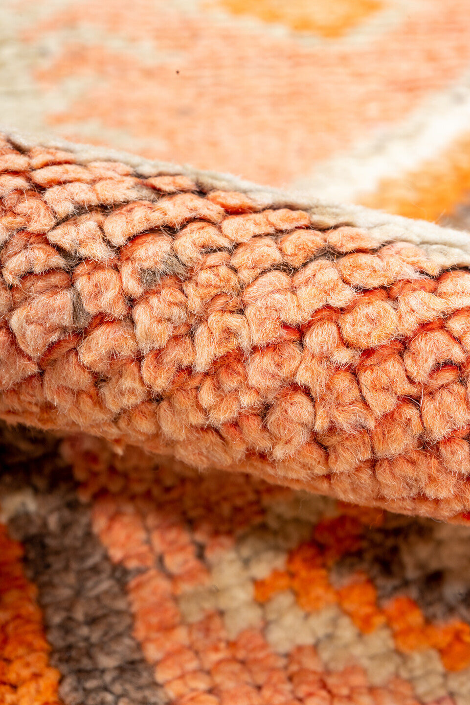 2' x 10' one-of-a-kind handmade vintage Oushak runner rug. Color palette: brown, light gray, off-white, orange, pink, red