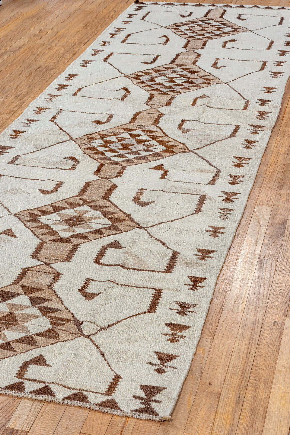 3' x 10' one-of-a-kind handmade vintage Kilim runner rug. Color palette: ivory, brown, taupe, camel, beige, gray