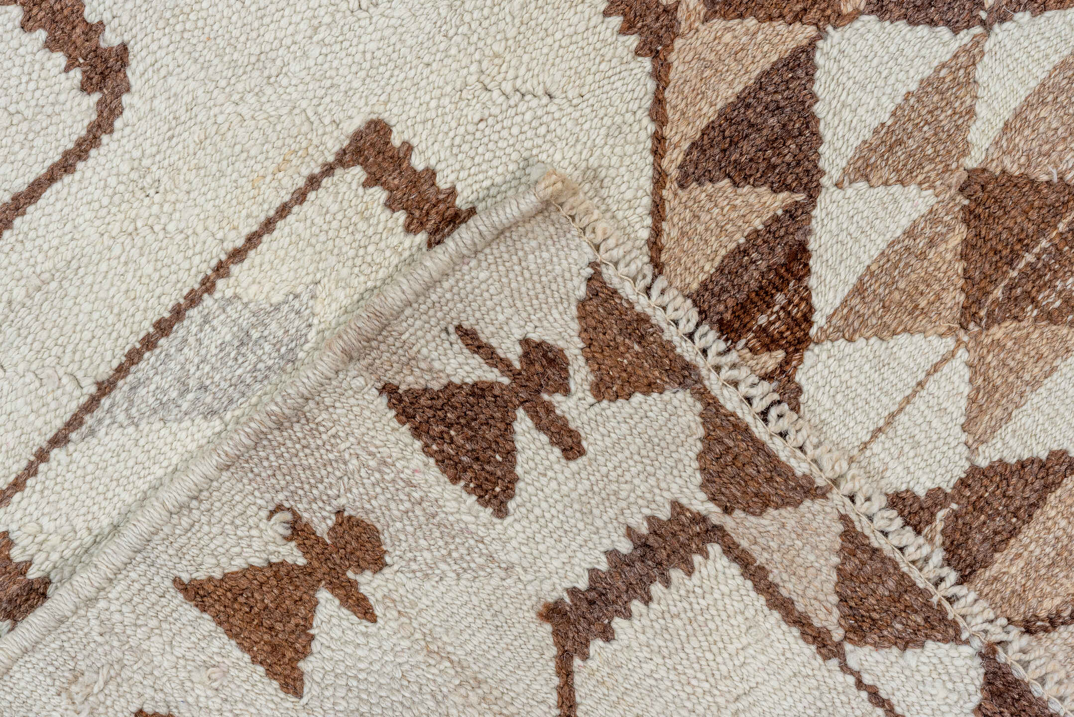 3' x 10' one-of-a-kind handmade vintage Kilim runner rug. Color palette: ivory, brown, taupe, camel, beige, gray