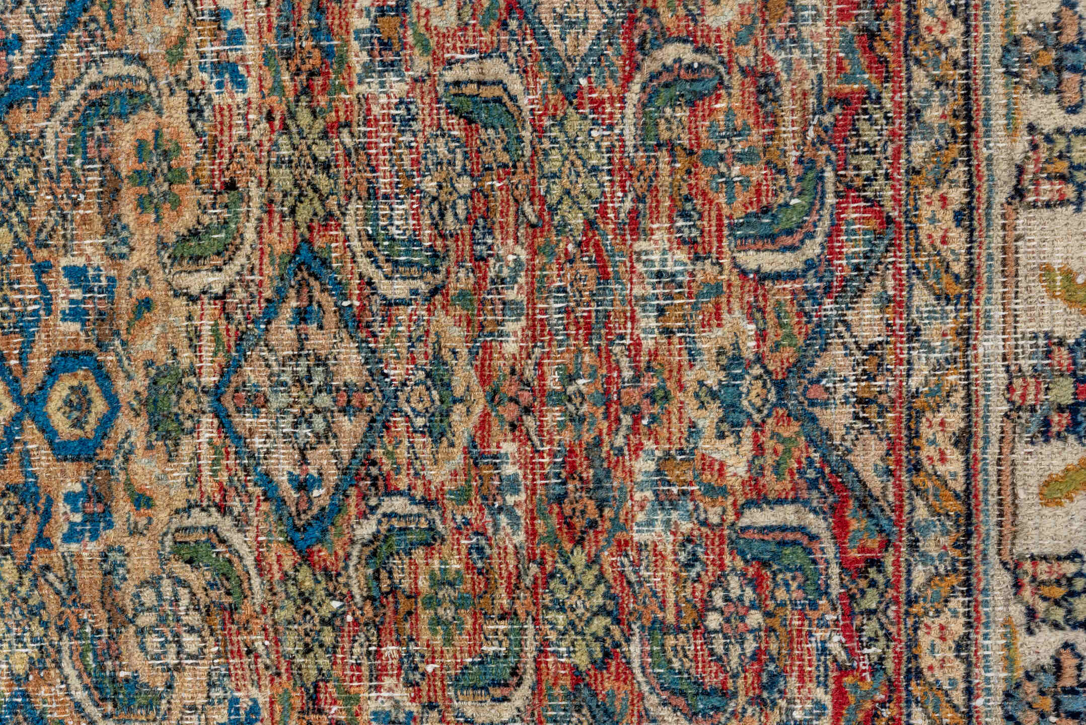 3' x 4' one-of-a-kind handmade vintage Khorassan small size rug. Color palette: ivory, camel, sky_blue, navy, rust, sage