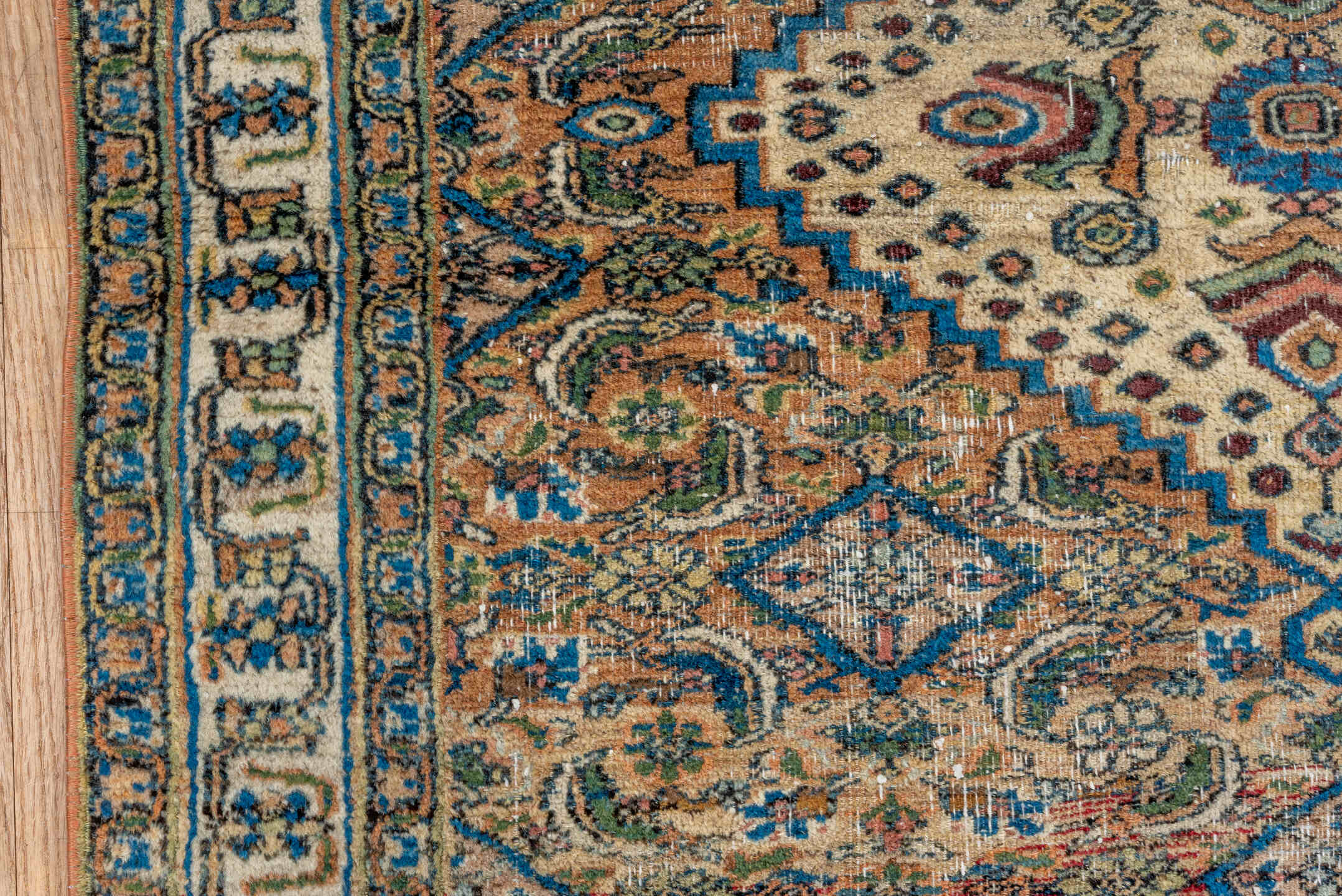 3' x 4' one-of-a-kind handmade vintage Khorassan small size rug. Color palette: ivory, camel, sky_blue, navy, rust, sage