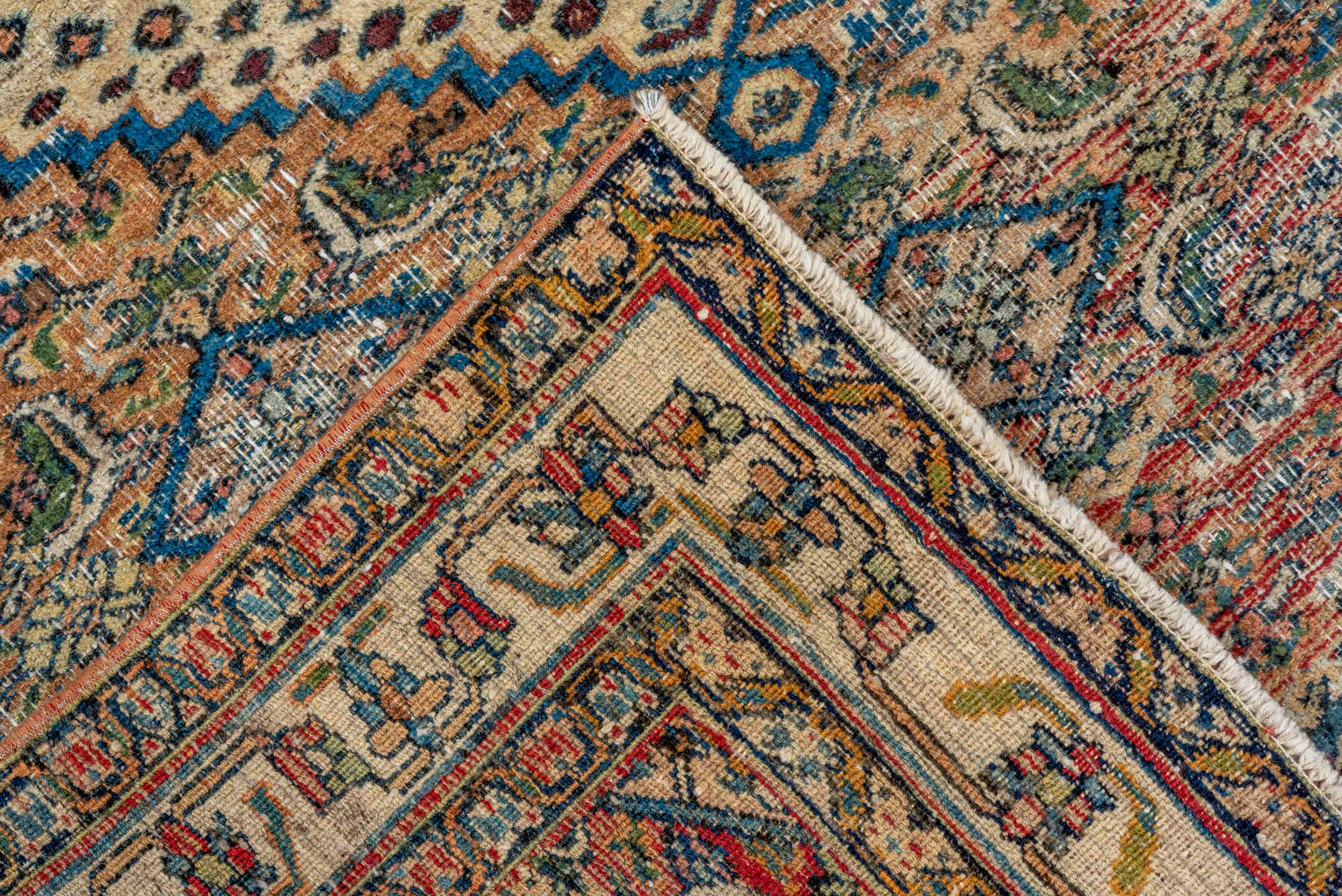3' x 4' one-of-a-kind handmade vintage Khorassan small size rug. Color palette: ivory, camel, sky_blue, navy, rust, sage
