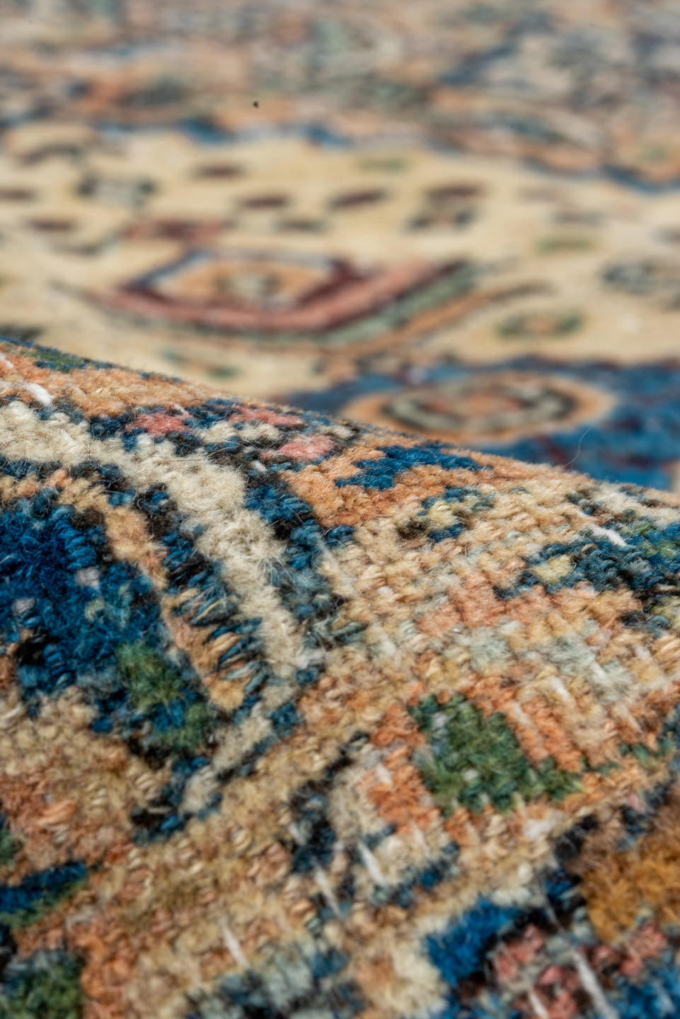 3' x 4' one-of-a-kind handmade vintage Khorassan small size rug. Color palette: ivory, camel, sky_blue, navy, rust, sage