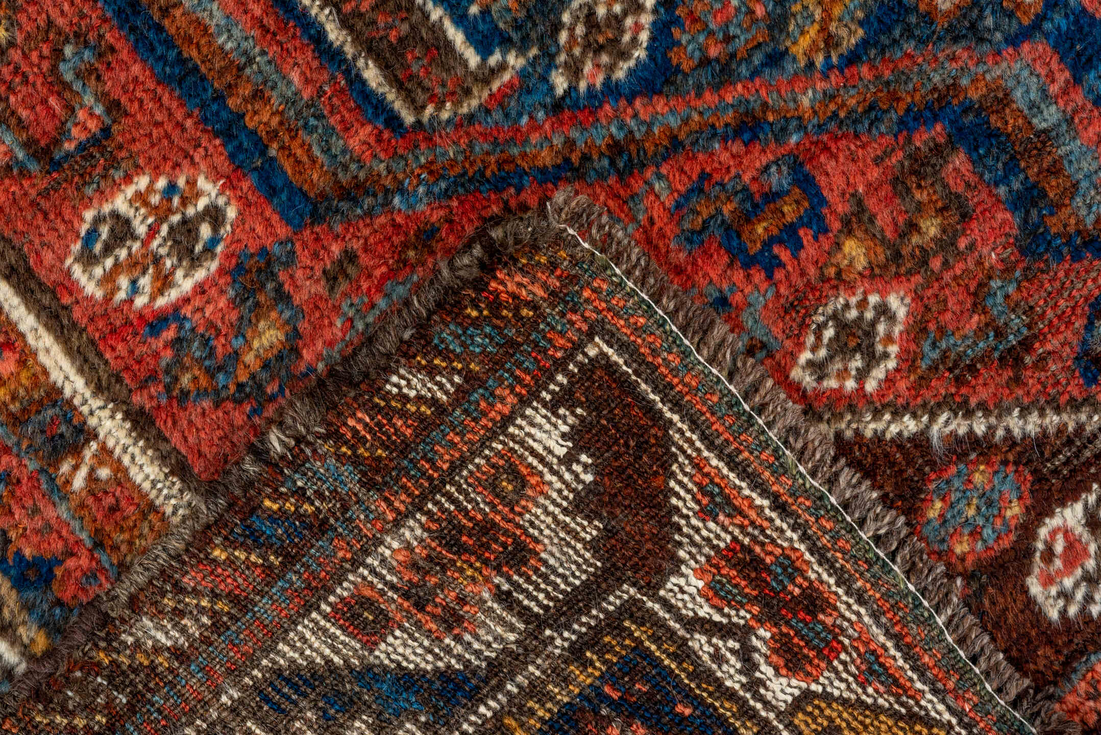 3' x 4' one-of-a-kind handmade vintage Shiraz small size rug. Color palette: rust, ivory, navy, brown, sky_blue, coral