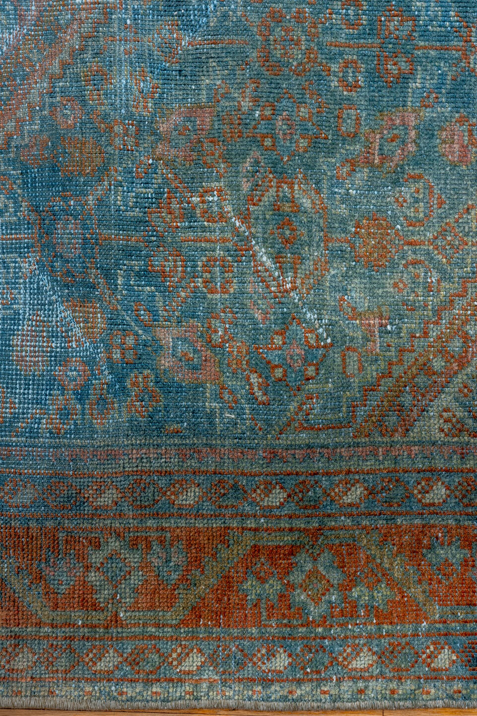 4' x 6' one-of-a-kind handmade vintage Mahal small size rug. Color palette: turquoise, rust, ivory, sky blue, terra cotta