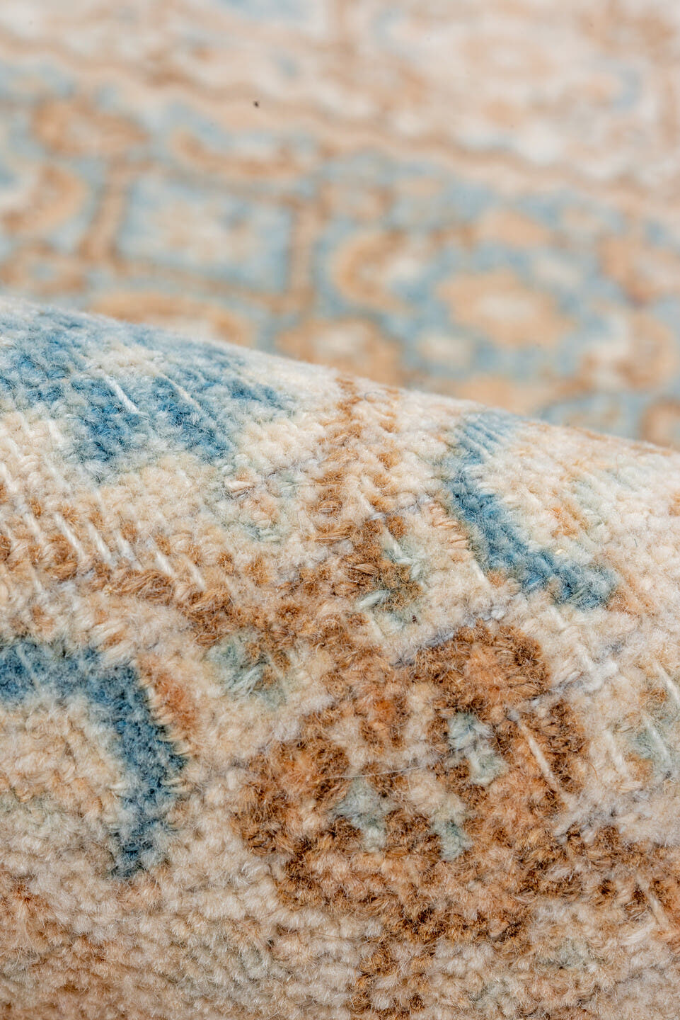 6' x 6' one-of-a-kind handmade vintage Meshed rug. Color palette: ivory, sky blue, sand, camel, taupe, light brown