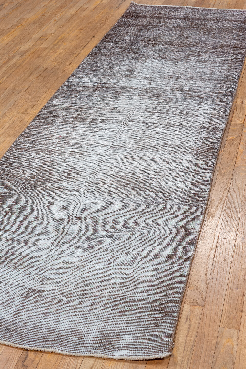 3' x 10' one-of-a-kind handmade vintage Overdyed runner rug. Color palette: taupe, ivory, brown, beige, gray