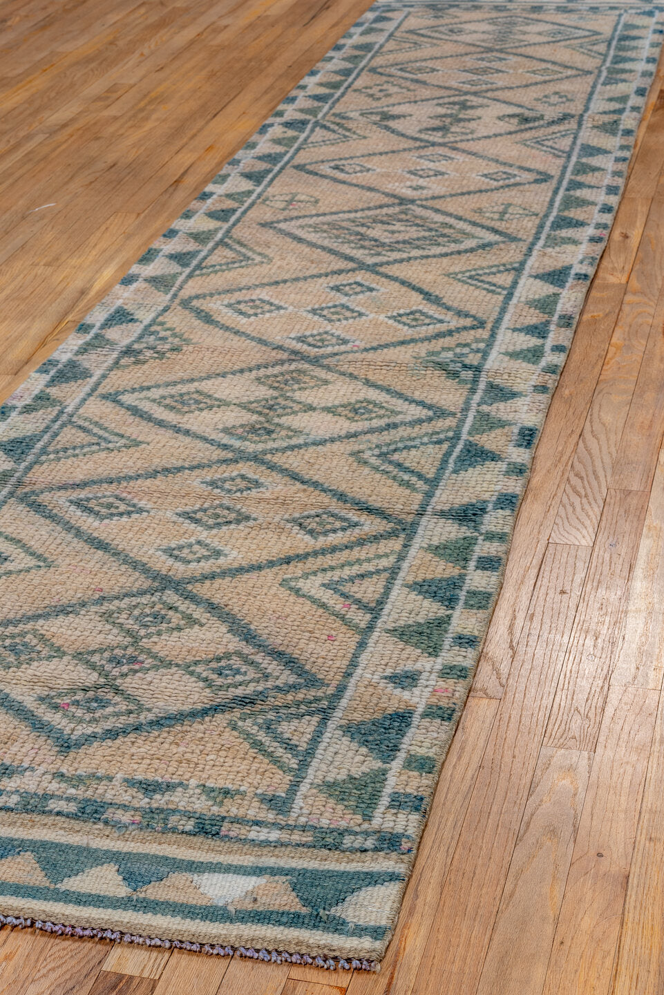 2' x 12' one-of-a-kind handmade vintage Oushak runner rug. Color palette: blue, dark gray, dim gray, gray, light gray