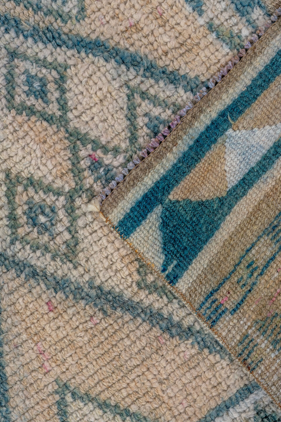 2' x 12' one-of-a-kind handmade vintage Oushak runner rug. Color palette: ivory, sky blue, slate, taupe, light blue, gray