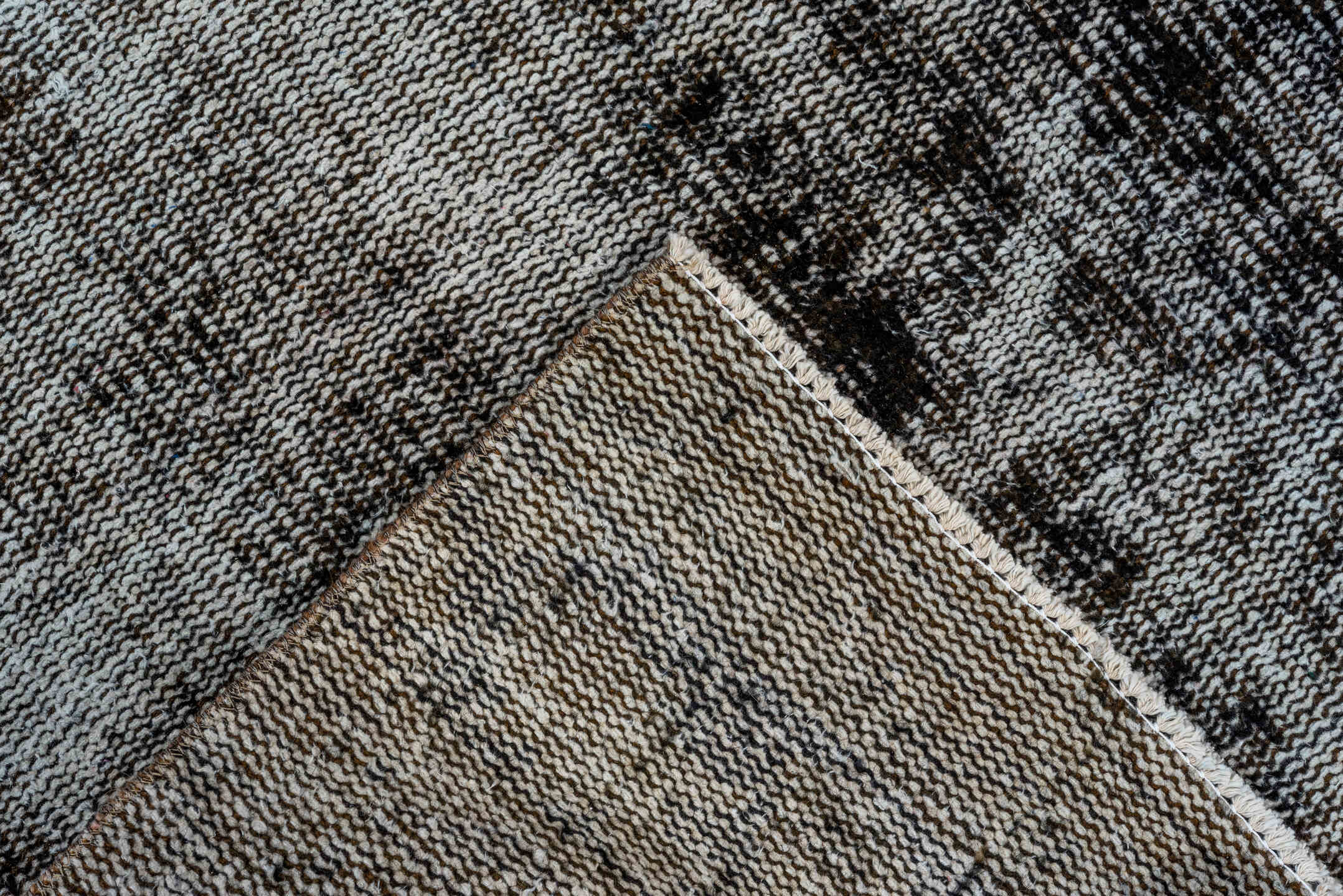 2' x 9' one-of-a-kind handmade vintage Overdyed runner rug. Color palette: silver, charcoal, gray, ivory, black