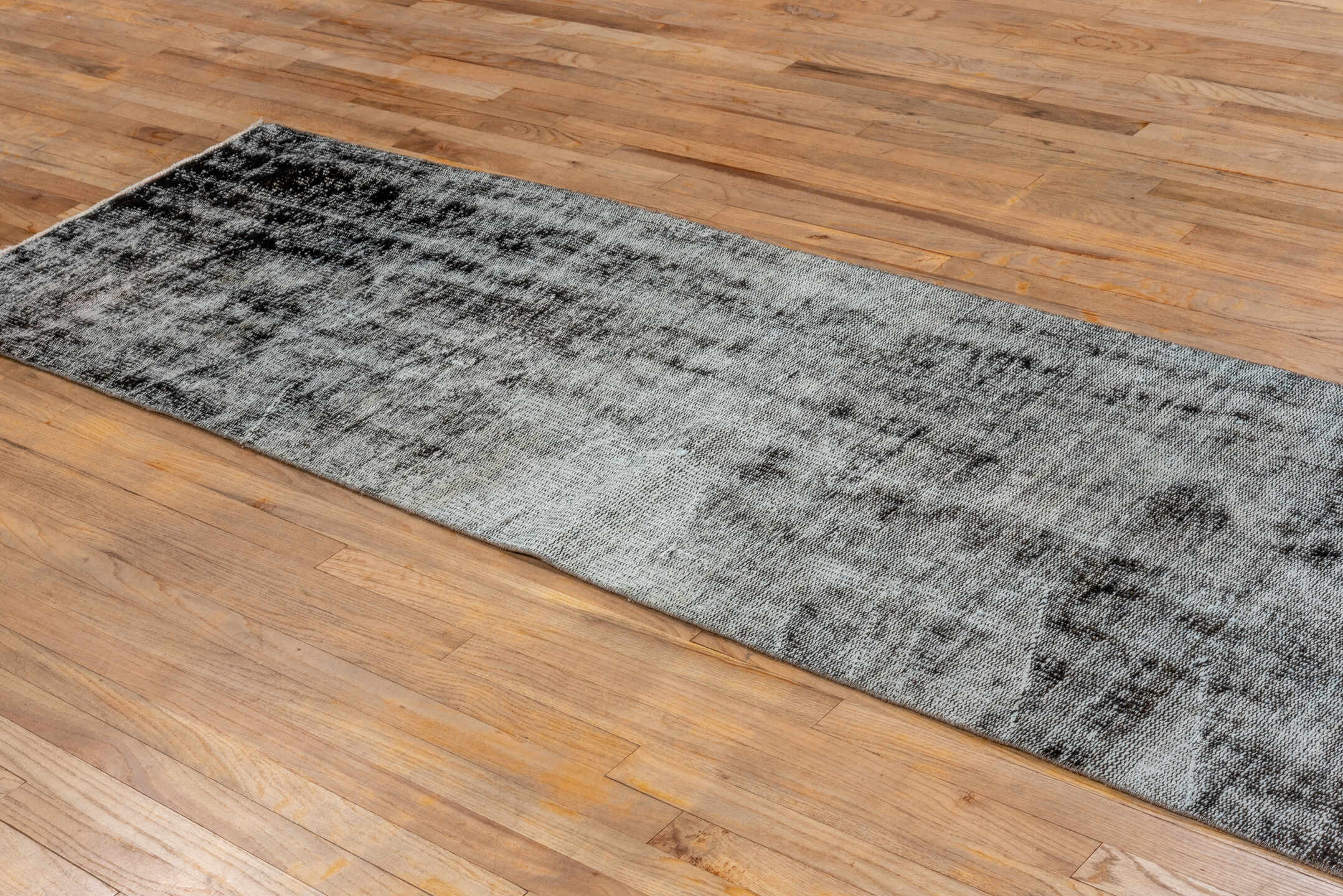2' x 9' one-of-a-kind handmade vintage Overdyed runner rug. Color palette: black, dark gray, dim gray, gray, light gray