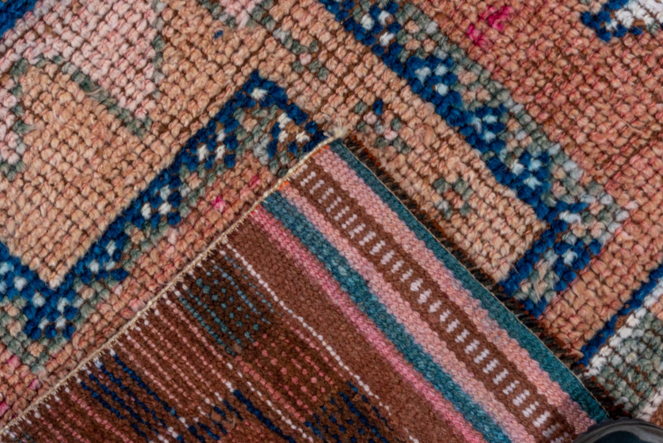 2' x 11' one-of-a-kind handmade vintage Kars runner rug. Color palette: rose, indigo, ivory, taupe, camel, brown, pink, red