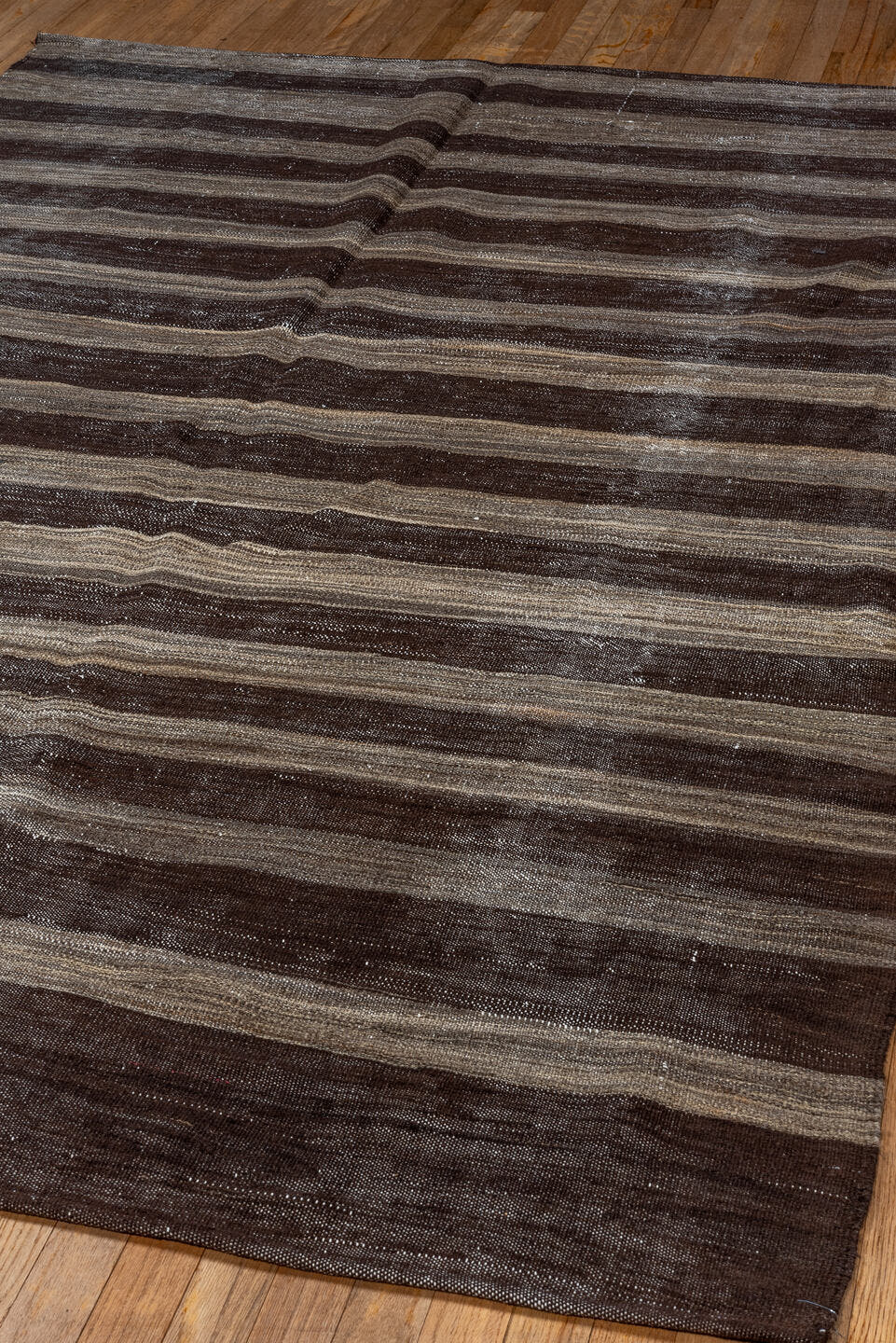 5' x 8' one-of-a-kind handmade vintage Kilim medium size rug. Color palette: charcoal, taupe, brown, gray, ivory, black