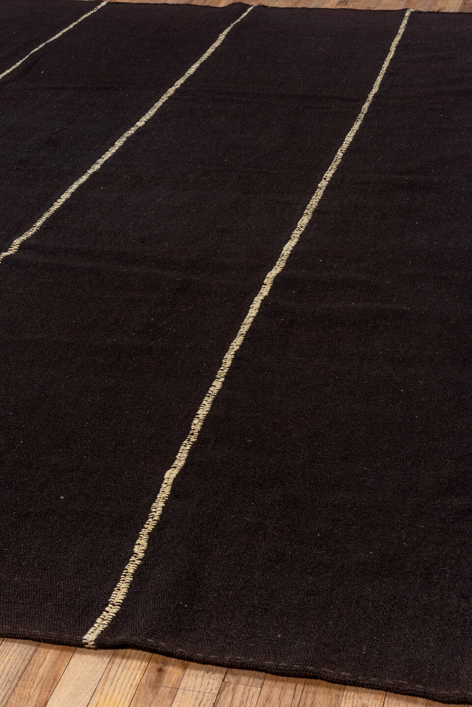 8' x 12' one-of-a-kind handmade vintage Kilim large size rug. Color palette: black, blanched almond, brown, charcoal, gray