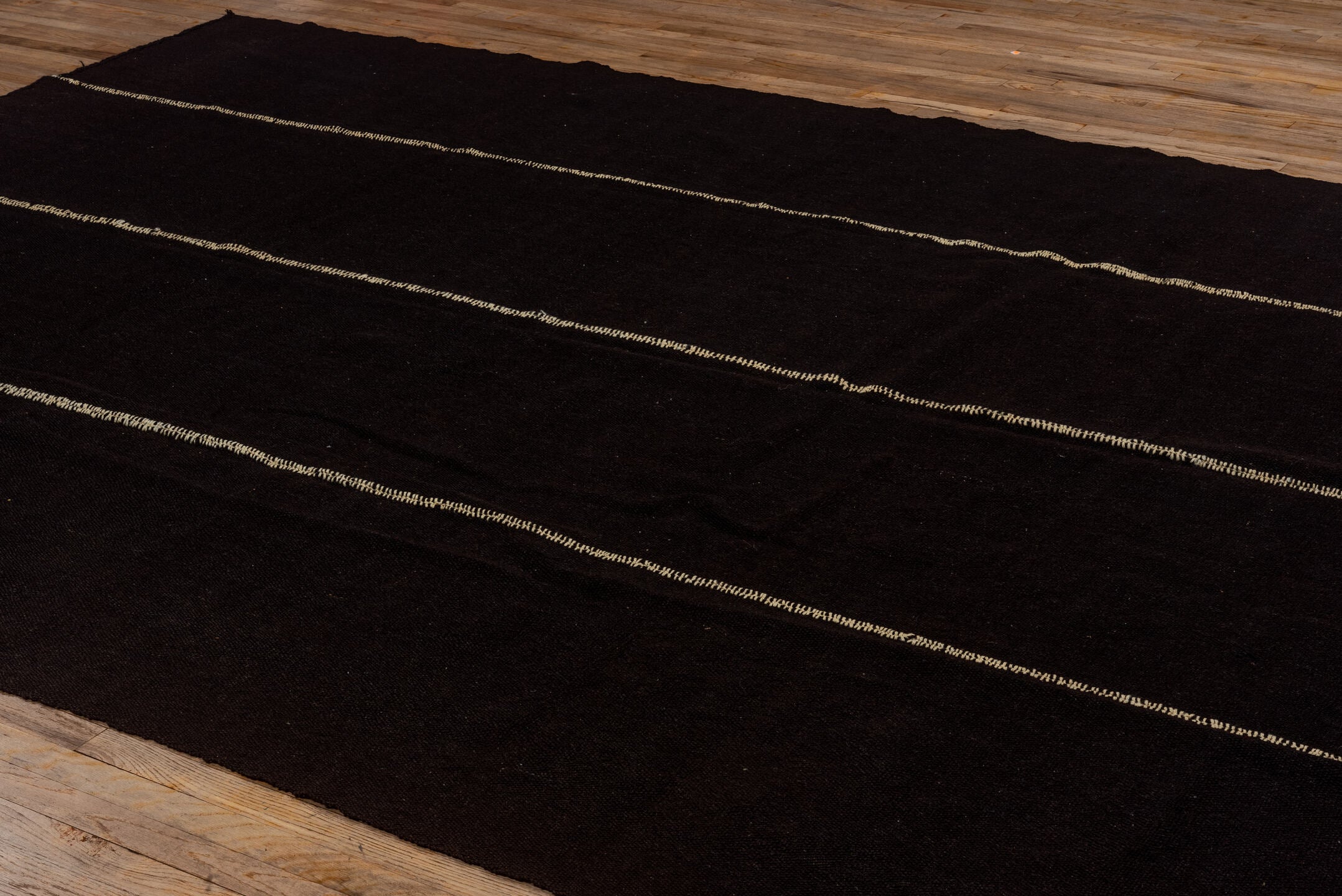 8' x 12' one-of-a-kind handmade vintage Kilim large size rug. Color palette: black, blanched almond, brown, charcoal, gray