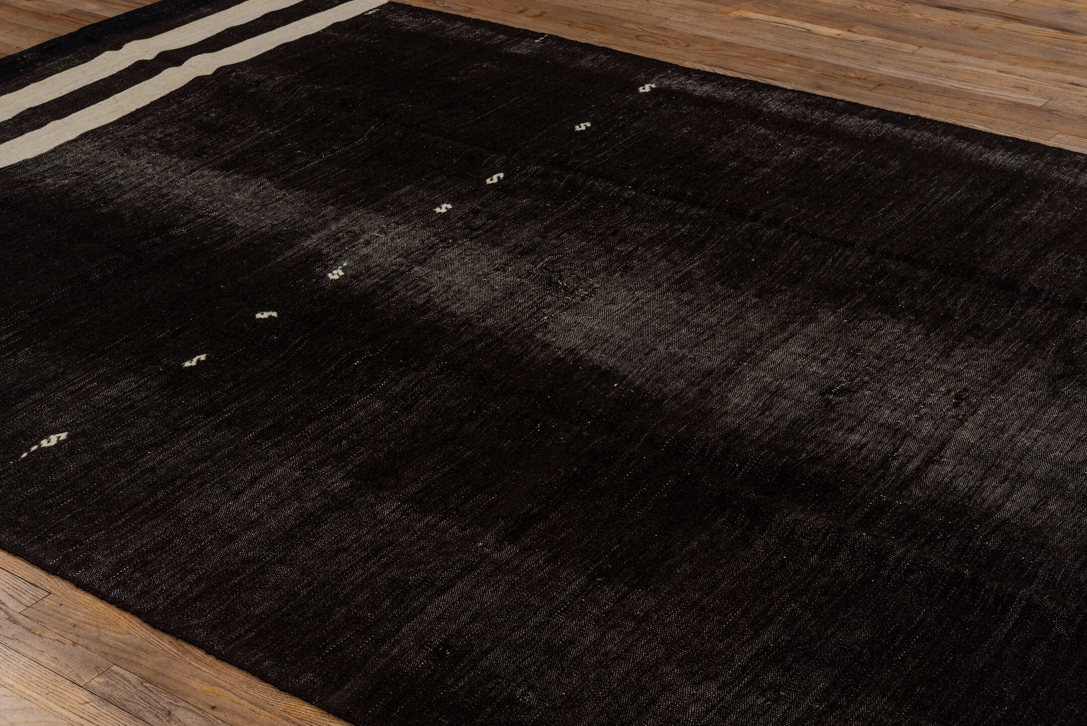 7' x 11' one-of-a-kind handmade vintage Kilim large size rug. Color palette: charcoal, ivory, black, gray