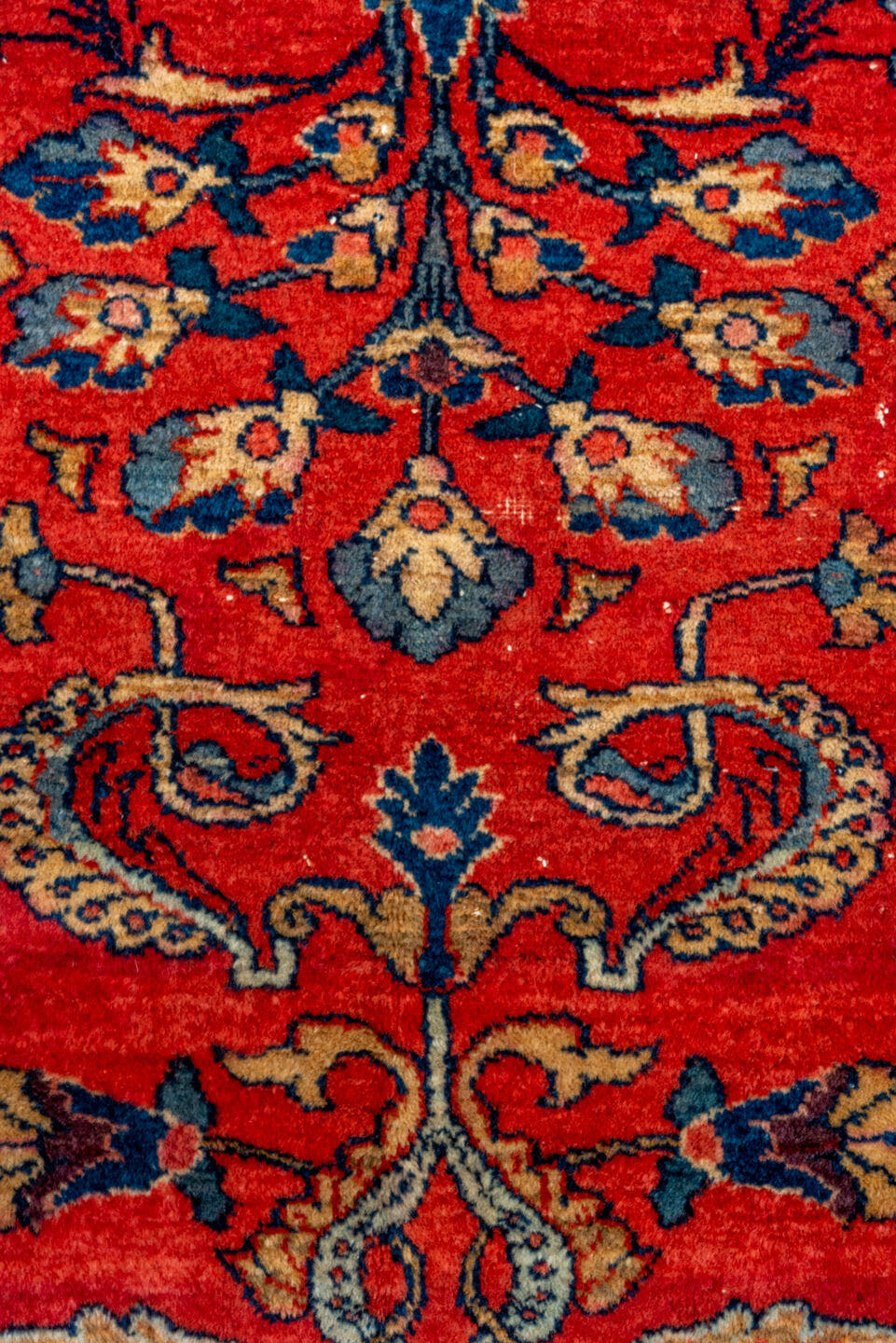 5' x 6' one-of-a-kind handmade vintage Lilian rug. Color palette: red, navy, ivory, sky_blue, rose, camel, blue, light blue