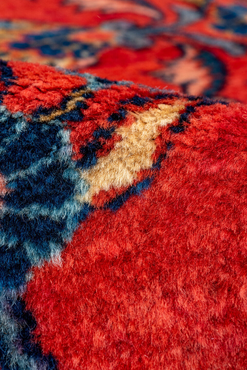 5' x 6' one-of-a-kind handmade vintage Lilian rug. Color palette: red, navy, ivory, sky_blue, rose, camel, blue, light blue