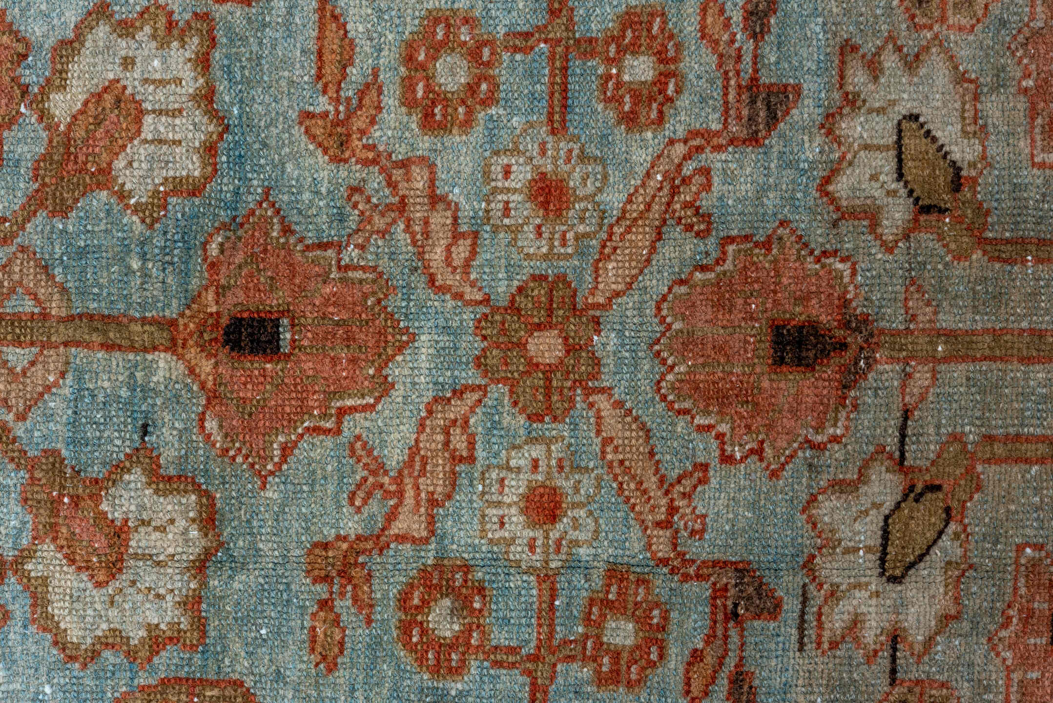 5' x 9' one-of-a-kind handmade vintage Lilian medium size rug. Color palette: light blue, ivory, rust, camel, taupe, brown