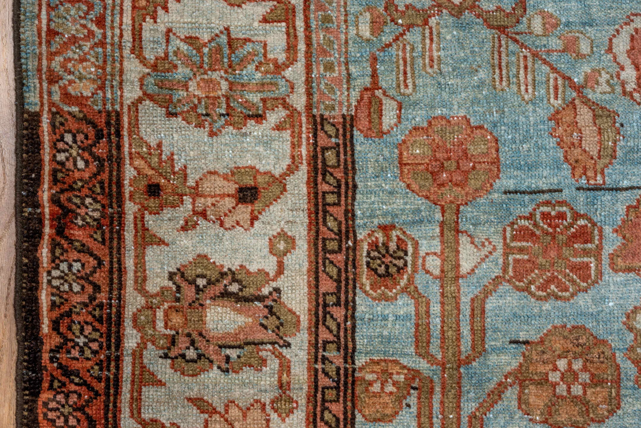 5' x 9' one-of-a-kind handmade vintage Lilian medium size rug. Color palette: light blue, ivory, rust, camel, taupe, brown
