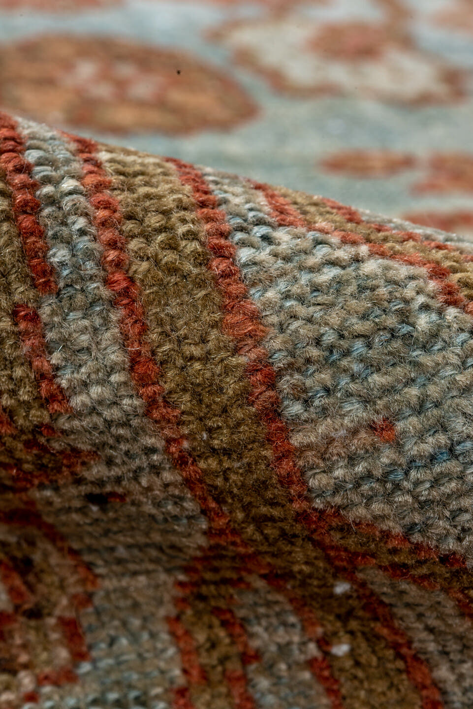5' x 9' one-of-a-kind handmade vintage Lilian medium size rug. Color palette: light blue, ivory, rust, camel, taupe, brown