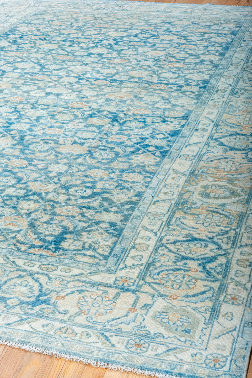 8' x 11' one-of-a-kind handmade vintage Malayer large size rug. Color palette: arapawa, blue, gray, light blue, light gray