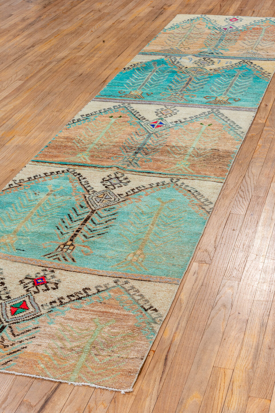 2' x 12' one-of-a-kind handmade vintage Oushak runner rug. Color palette: aqua, ivory, camel, taupe, charcoal, coral