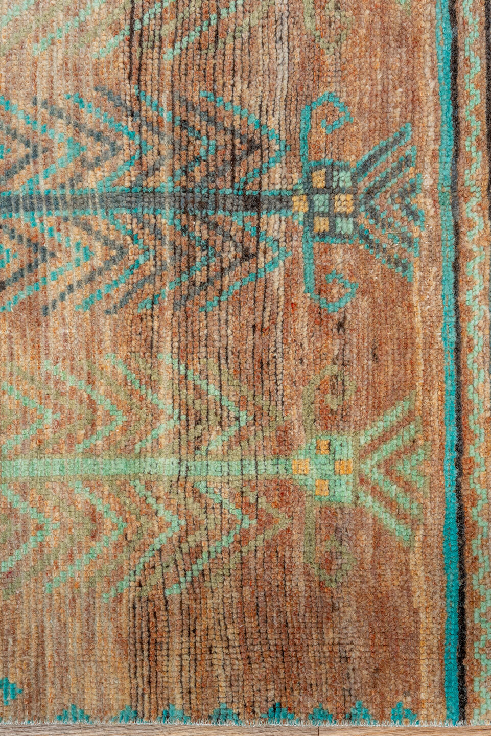 2' x 12' one-of-a-kind handmade vintage Oushak runner rug. Color palette: aqua, ivory, camel, taupe, charcoal, coral