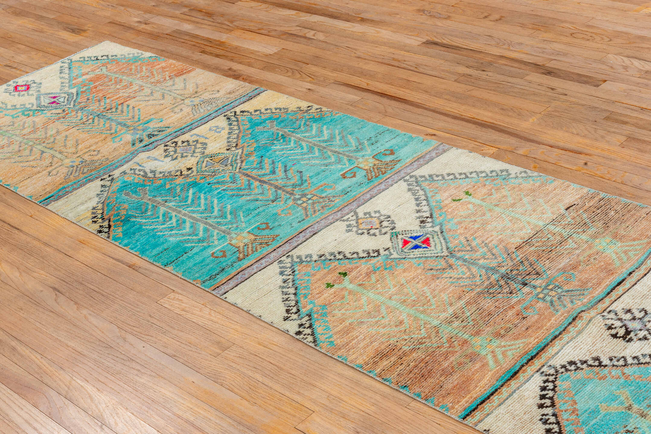 2' x 12' one-of-a-kind handmade vintage Oushak runner rug. Color palette: aqua, ivory, camel, taupe, charcoal, coral