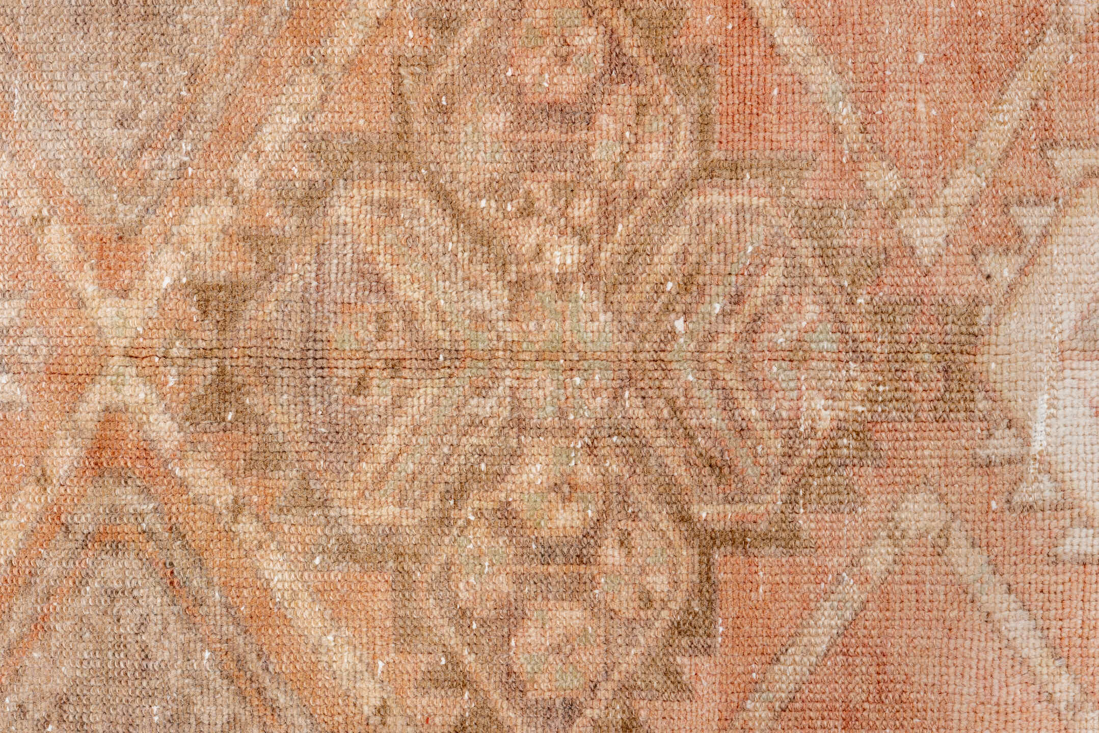 2' x 12' one-of-a-kind handmade vintage Oushak runner rug. Color palette: brown, off-white, orange, pink, snow, white