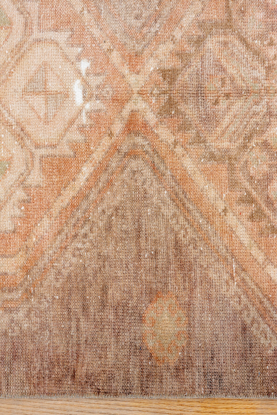 2' x 12' one-of-a-kind handmade vintage Oushak runner rug. Color palette: brown, off-white, orange, pink, snow, white