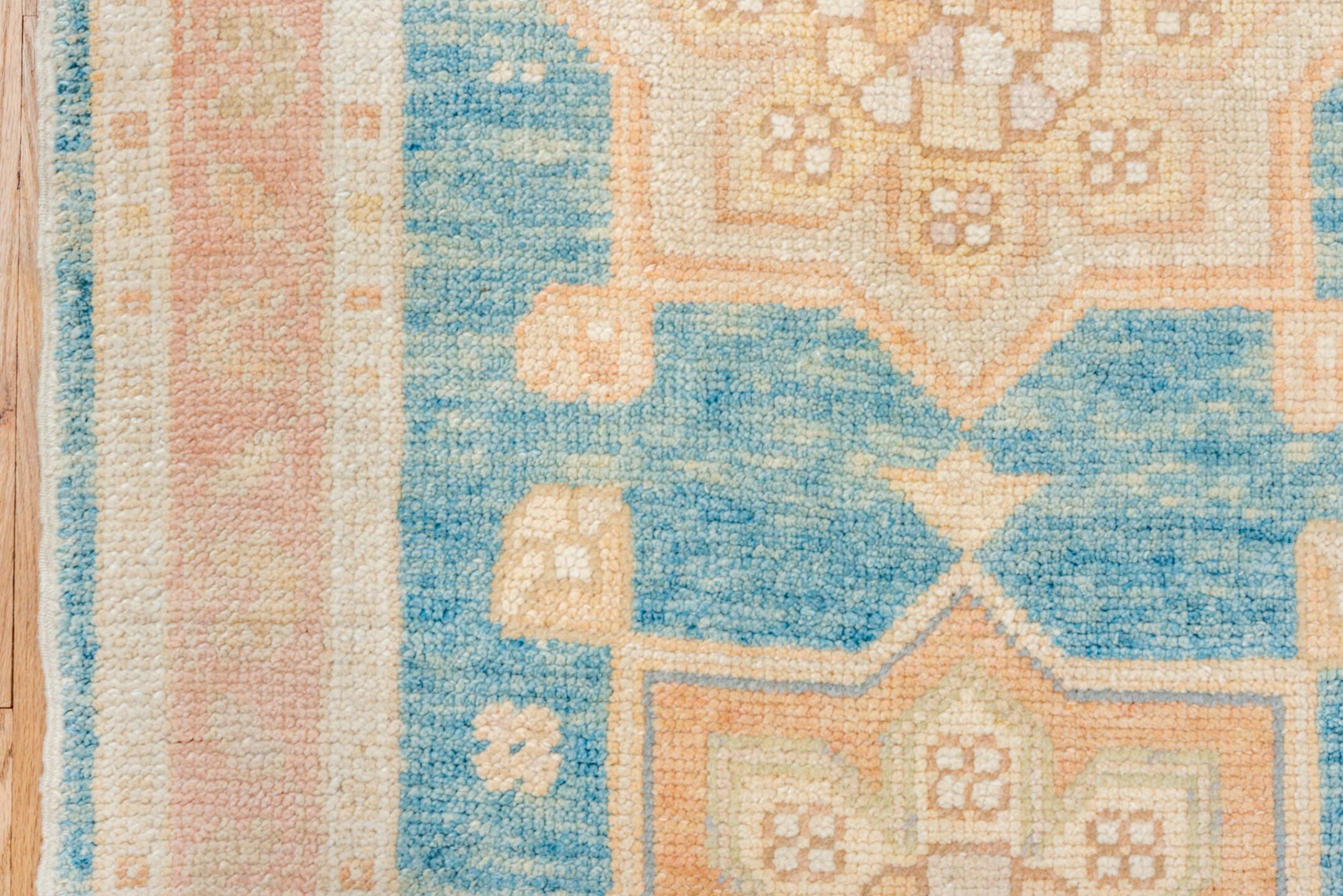 3' x 13' one-of-a-kind handmade vintage Oushak runner rug. Color palette: sky blue, blush, ivory, cream, peach, light blue