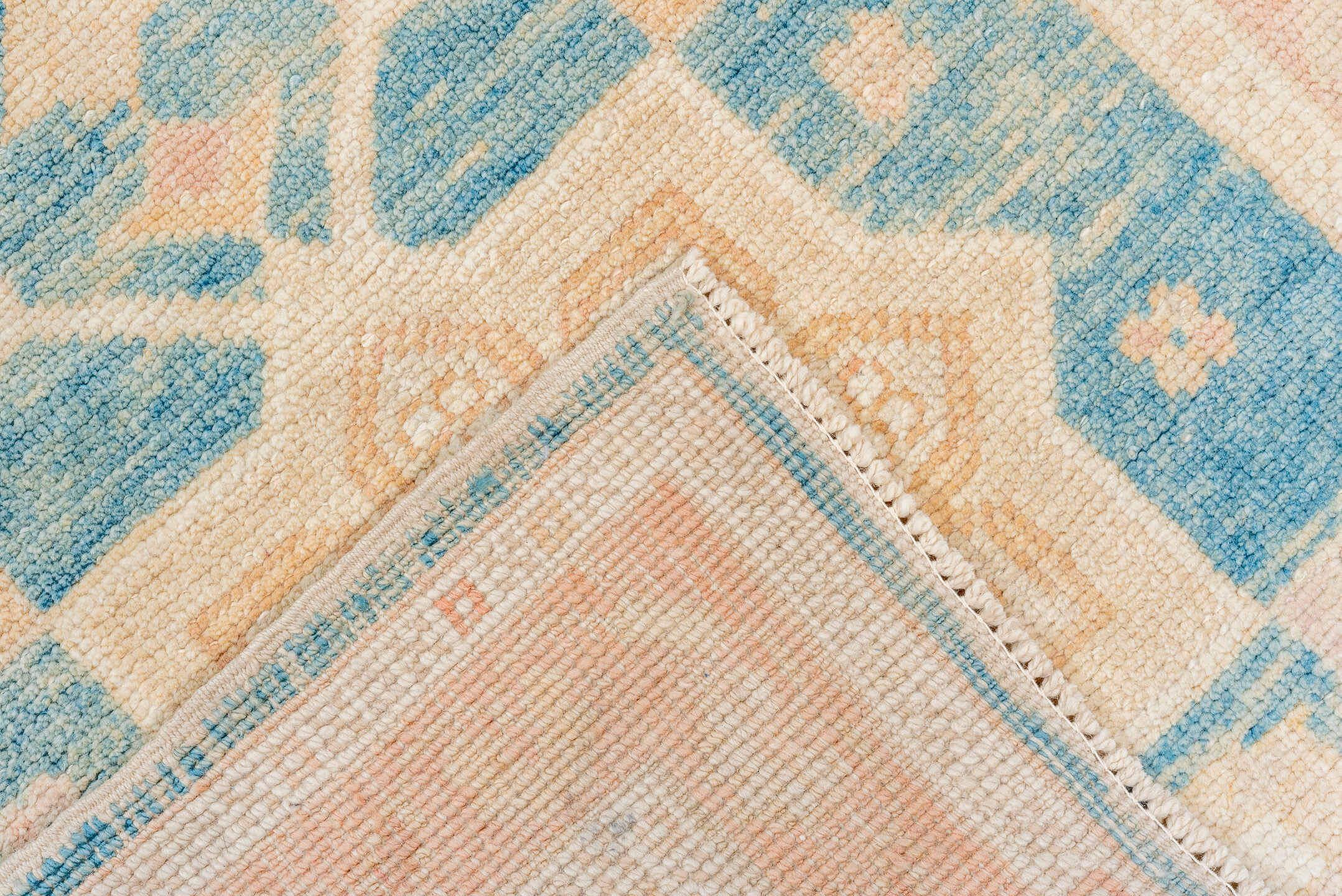 3' x 13' one-of-a-kind handmade vintage Oushak runner rug. Color palette: sky blue, blush, ivory, cream, peach, light blue