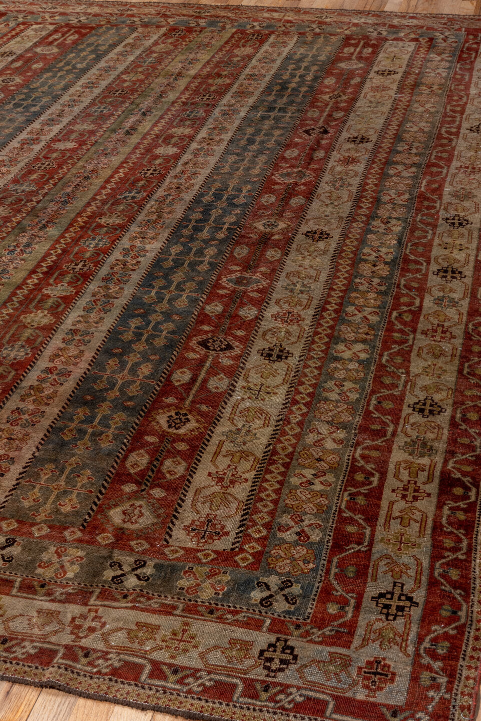 7' x 11' one-of-a-kind handmade vintage Shiraz large size rug. Color palette: rust, ivory, slate, camel, taupe, brown
