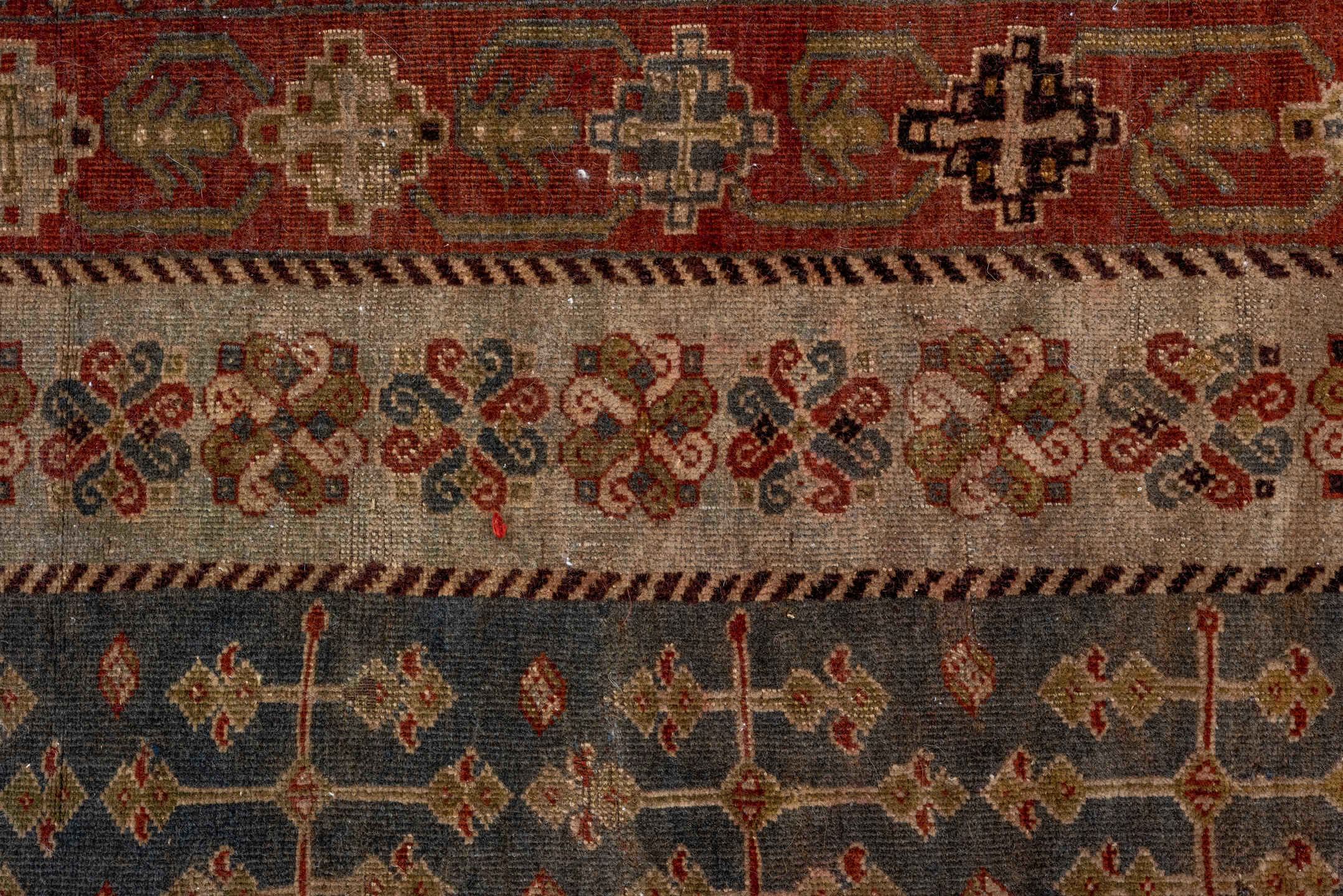 7' x 11' one-of-a-kind handmade vintage Shiraz large size rug. Color palette: rust, ivory, slate, camel, taupe, brown