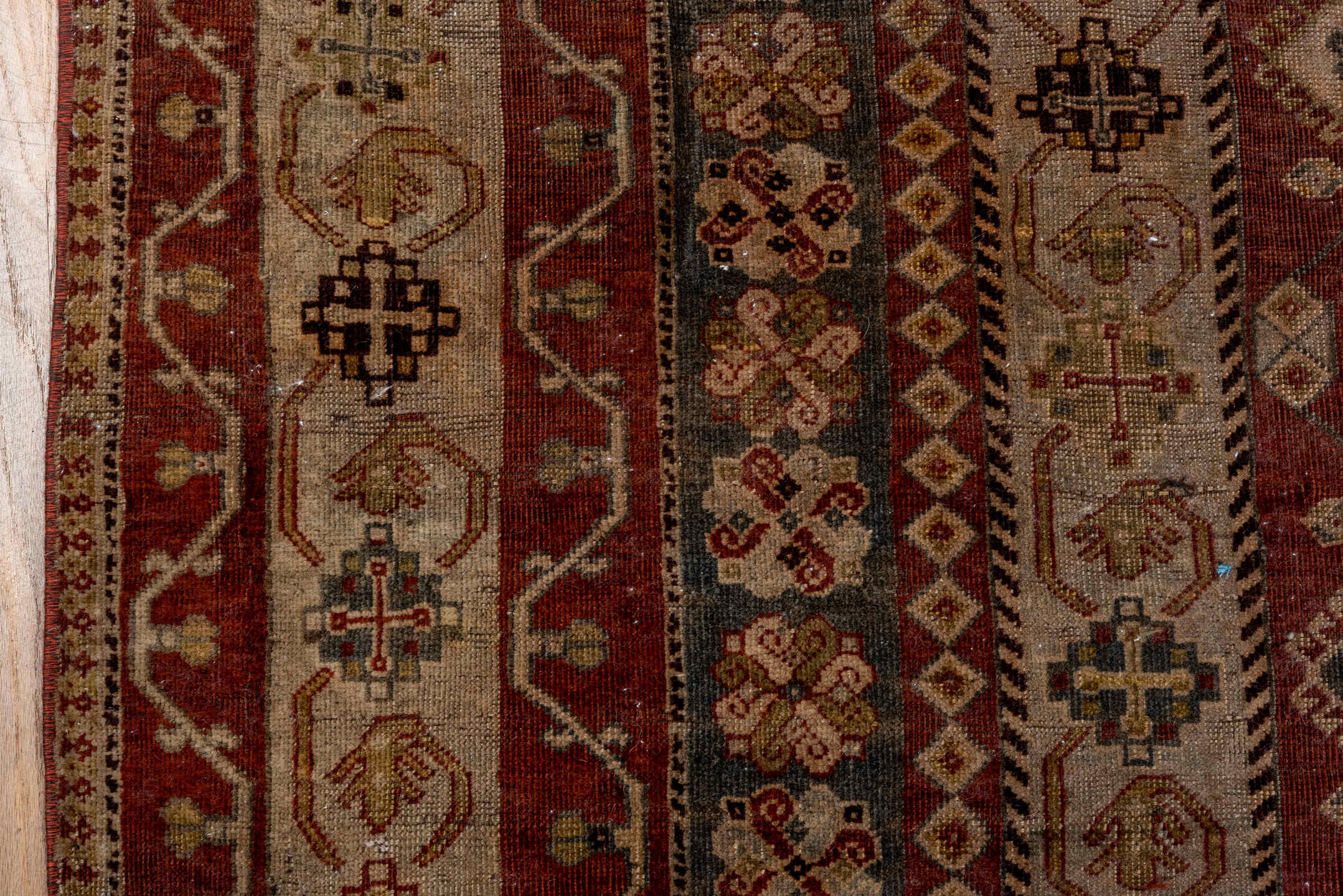 7' x 11' one-of-a-kind handmade vintage Shiraz large size rug. Color palette: rust, ivory, slate, camel, taupe, brown