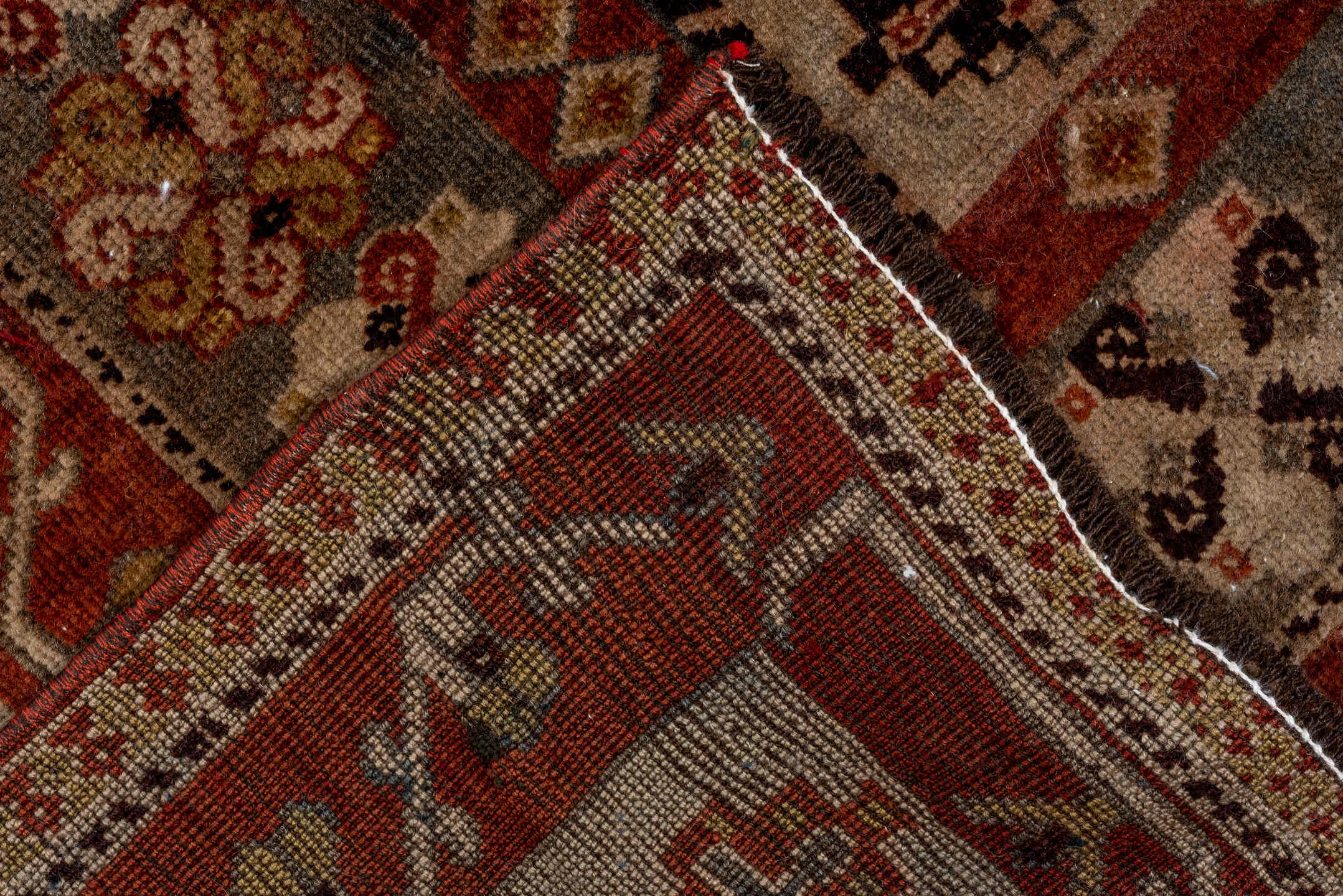 7' x 11' one-of-a-kind handmade vintage Shiraz large size rug. Color palette: rust, ivory, slate, camel, taupe, brown
