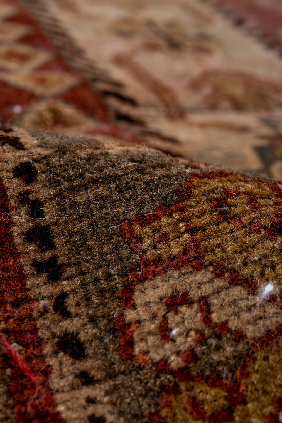 7' x 11' one-of-a-kind handmade vintage Shiraz large size rug. Color palette: rust, ivory, slate, camel, taupe, brown
