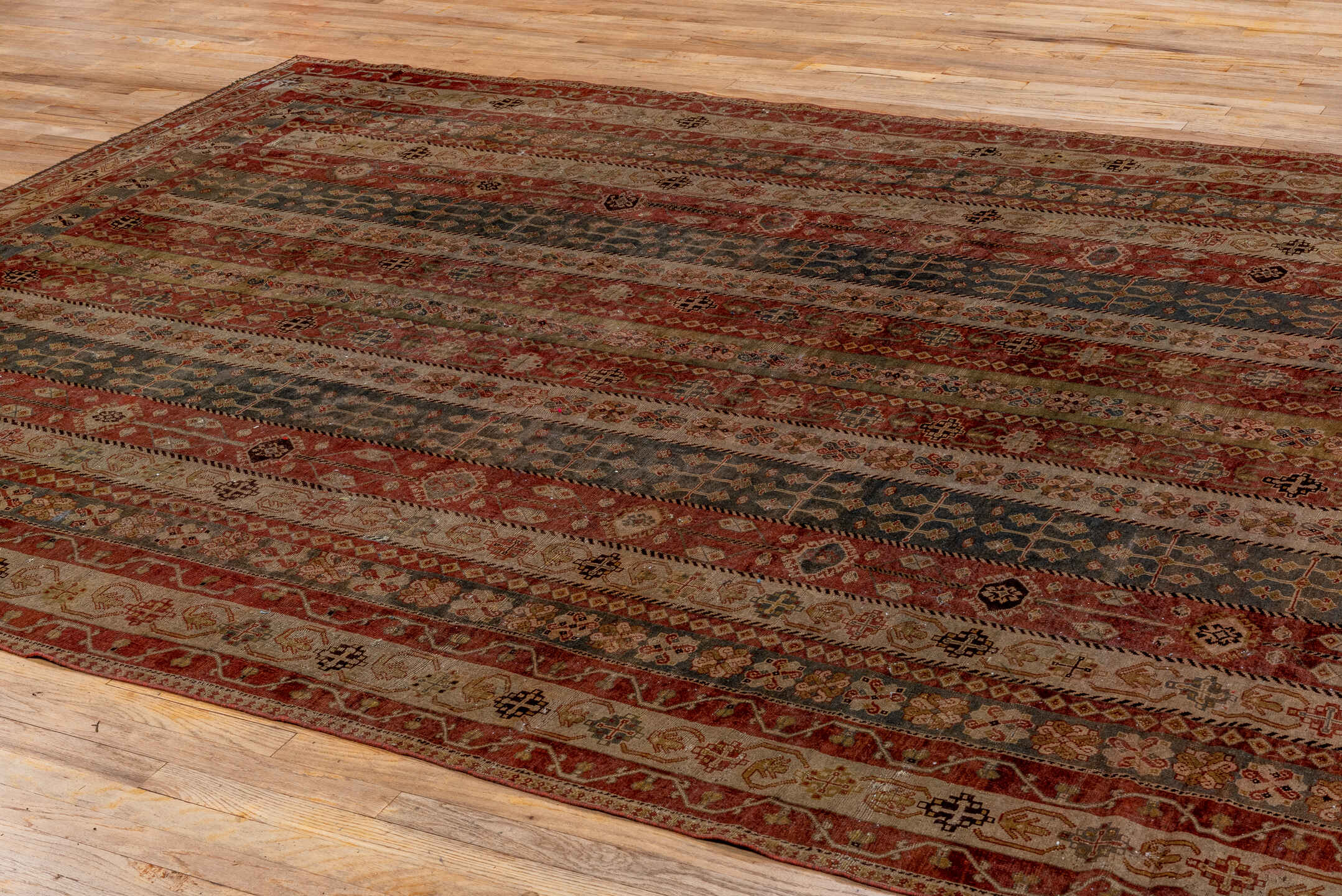 7' x 11' one-of-a-kind handmade vintage Shiraz large size rug. Color palette: rust, ivory, slate, camel, taupe, brown